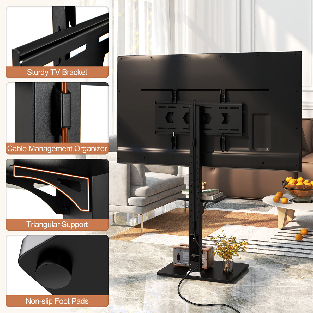 Tilt and Height Adjustable Floor TV Stand with Power Outlet and Adjustable AV Shelf