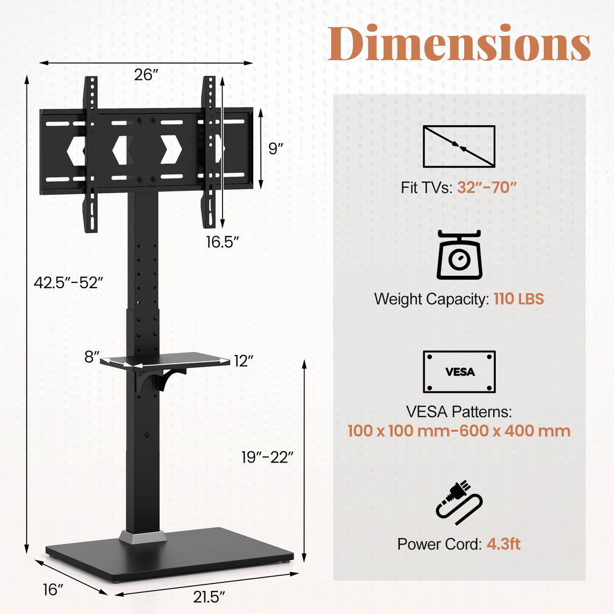 Tilt and Height Adjustable Floor TV Stand with Power Outlet and Adjustable AV Shelf