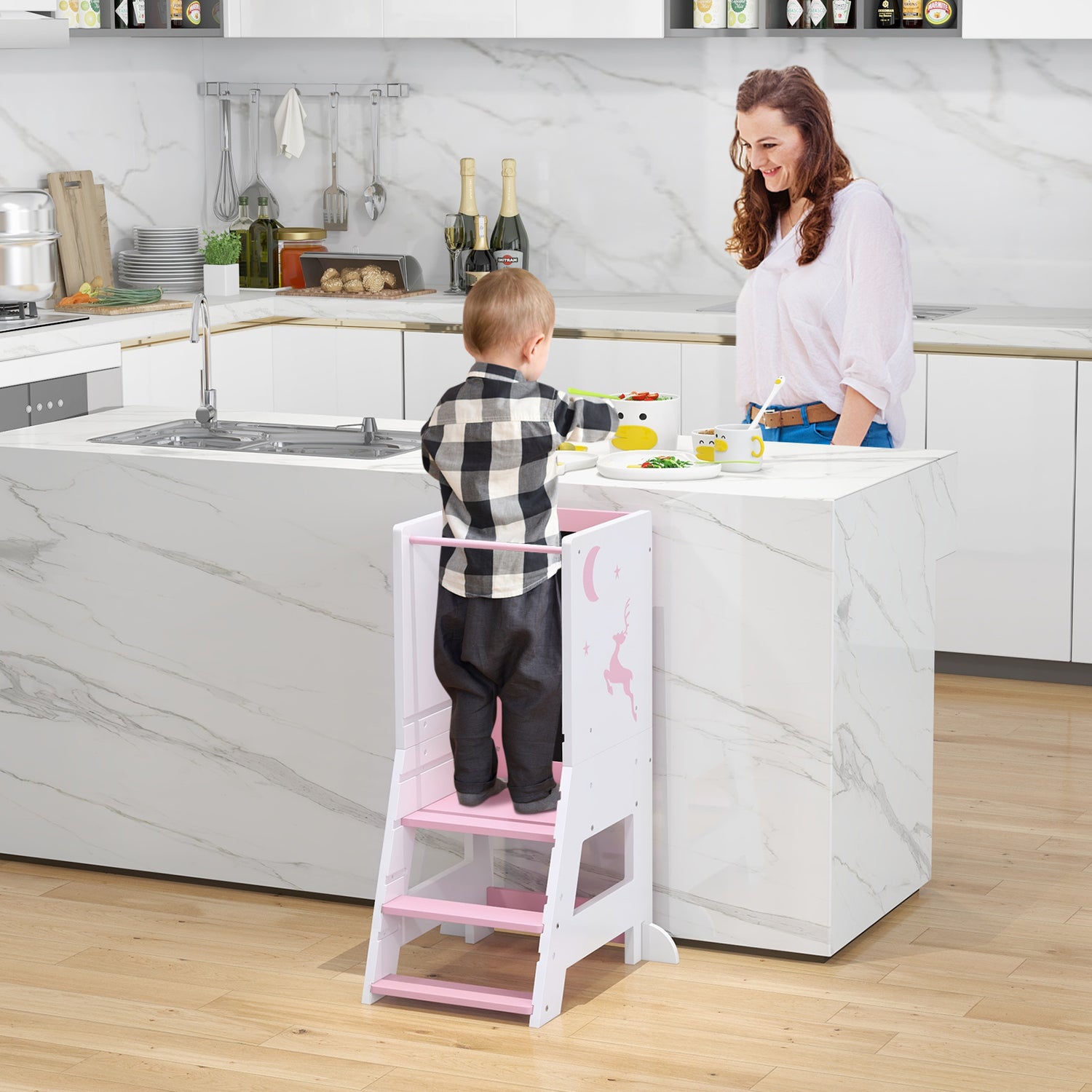 Toddler Kitchen Stool Baby Standing Tower with Chalkboard and Whiteboard-Pink