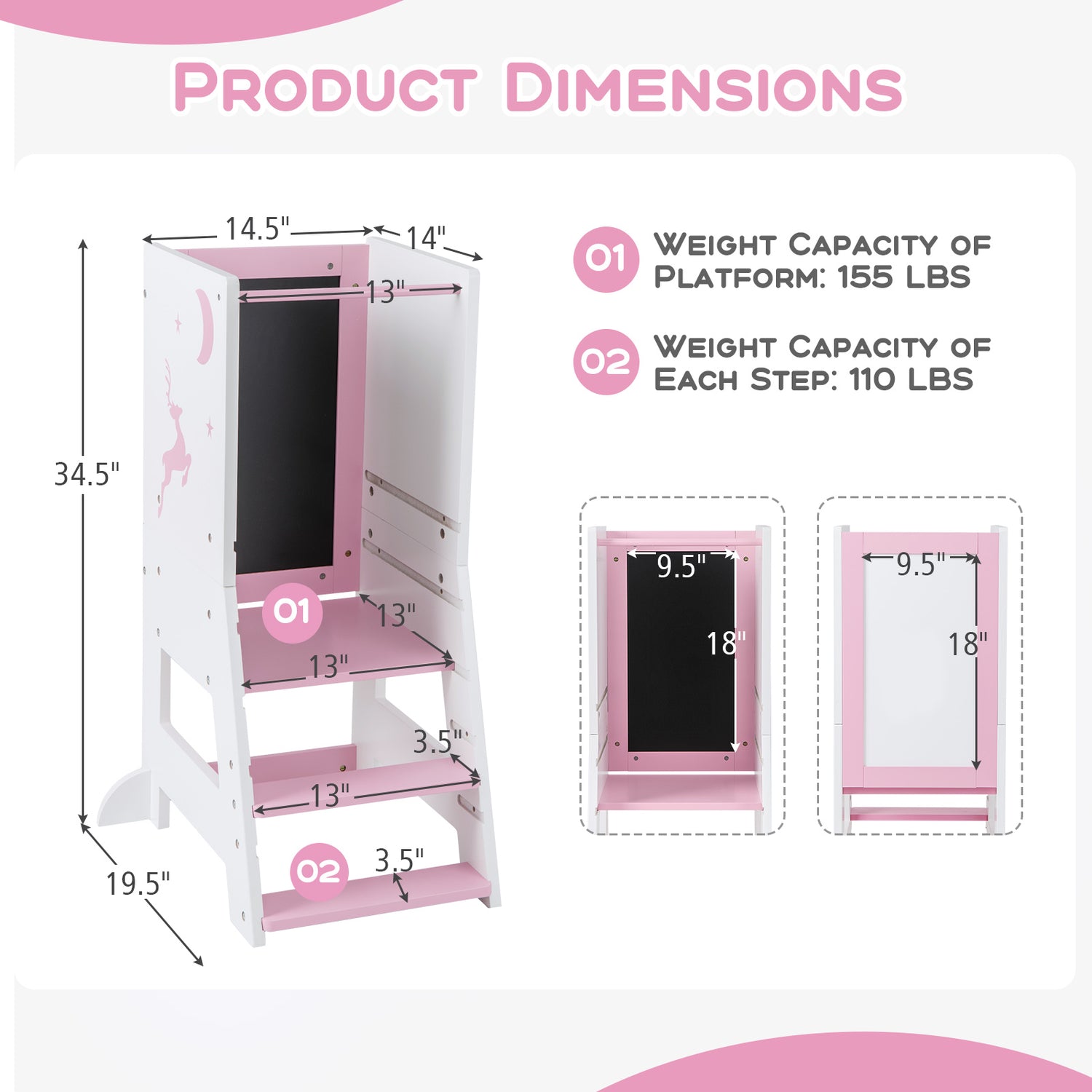 Toddler Kitchen Stool Baby Standing Tower with Chalkboard and Whiteboard-Pink