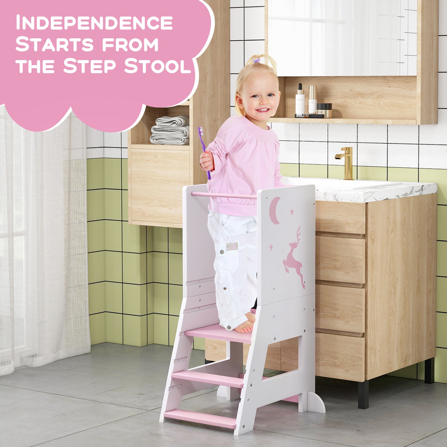 Toddler Kitchen Stool Baby Standing Tower with Chalkboard and Whiteboard-Pink