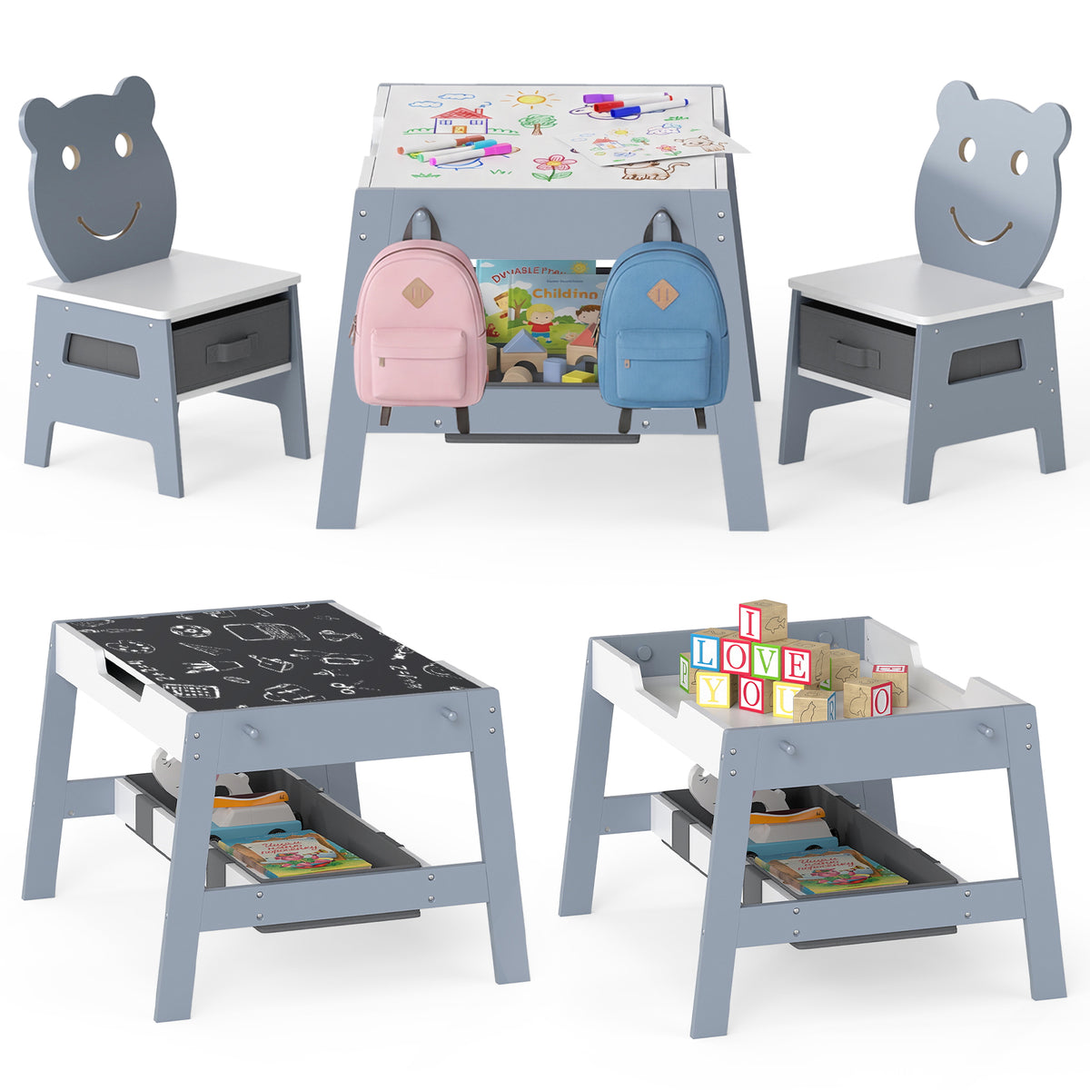 Toddler Table and 2 Chairs 5-in-1 Cute Art Desk Set with Reversible Chalkboard Whiteboard