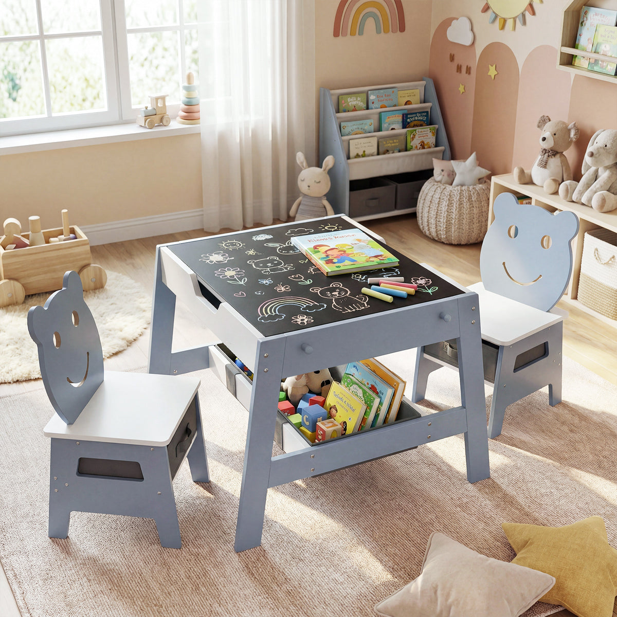 Toddler Table and 2 Chairs 5-in-1 Cute Art Desk Set with Reversible Chalkboard Whiteboard