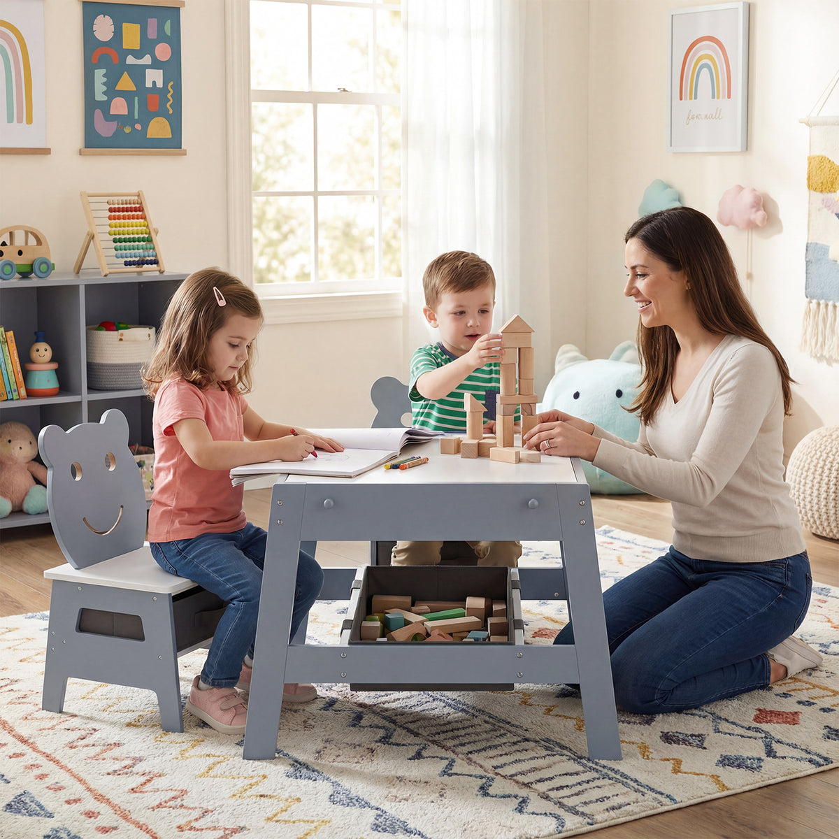Toddler Table and 2 Chairs 5-in-1 Cute Art Desk Set with Reversible Chalkboard Whiteboard