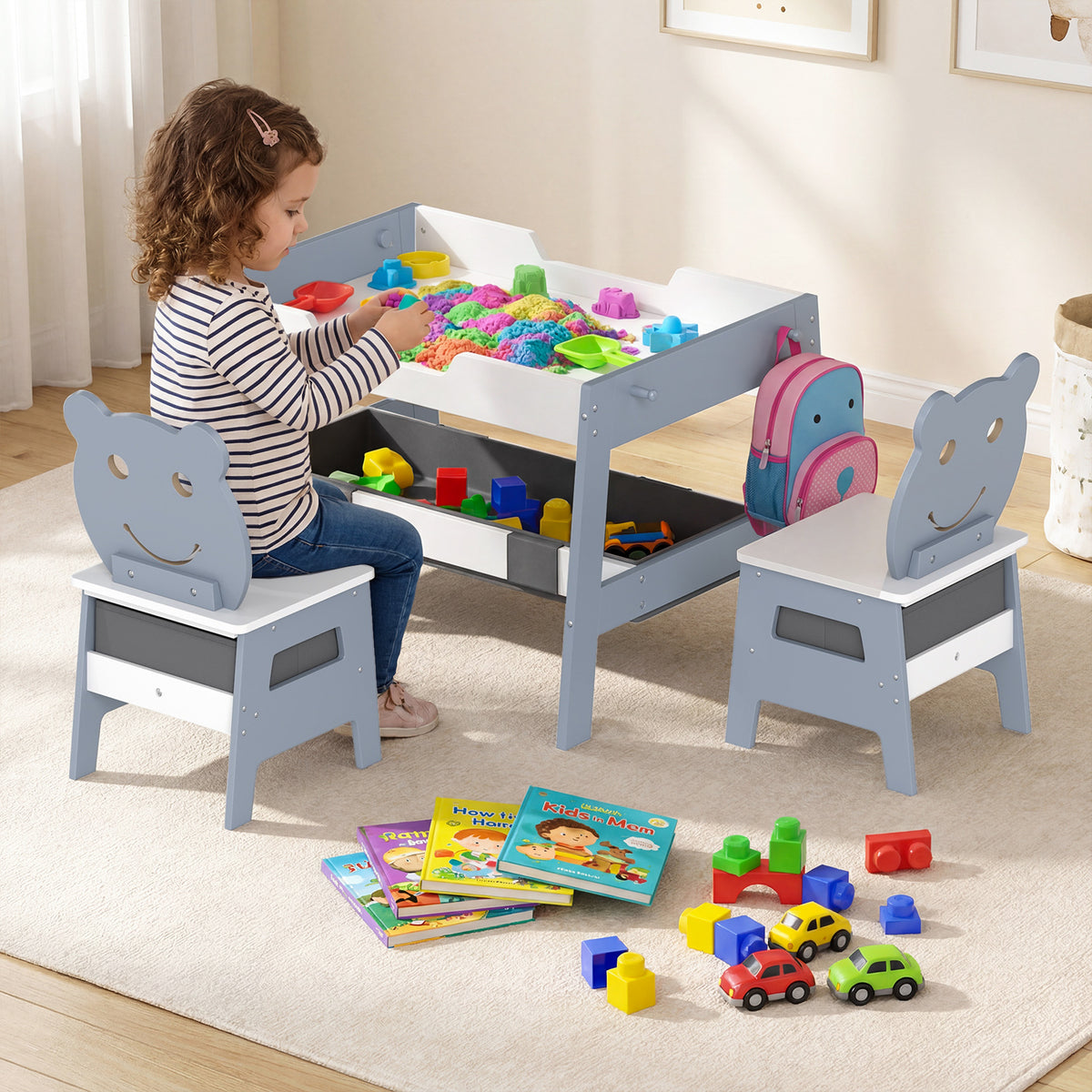 Toddler Table and 2 Chairs 5-in-1 Cute Art Desk Set with Reversible Chalkboard Whiteboard