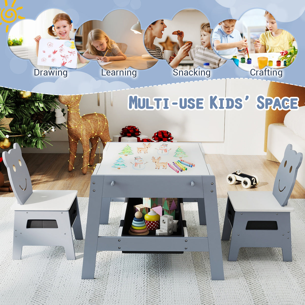 Toddler Table and 2 Chairs 5-in-1 Cute Art Desk Set with Reversible Chalkboard Whiteboard