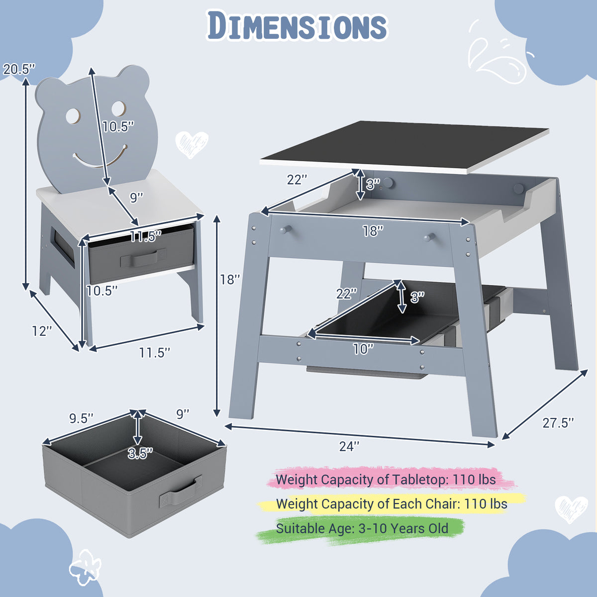 Toddler Table and 2 Chairs 5-in-1 Cute Art Desk Set with Reversible Chalkboard Whiteboard
