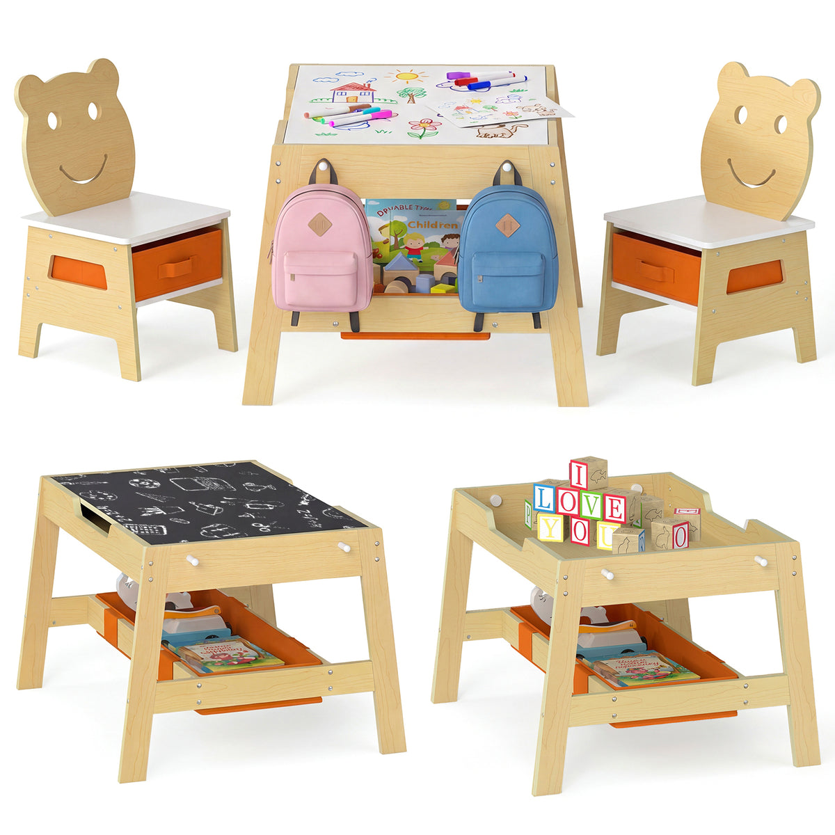 Toddler Table and 2 Chairs 5-in-1 Cute Art Desk Set with Reversible Chalkboard Whiteboard
