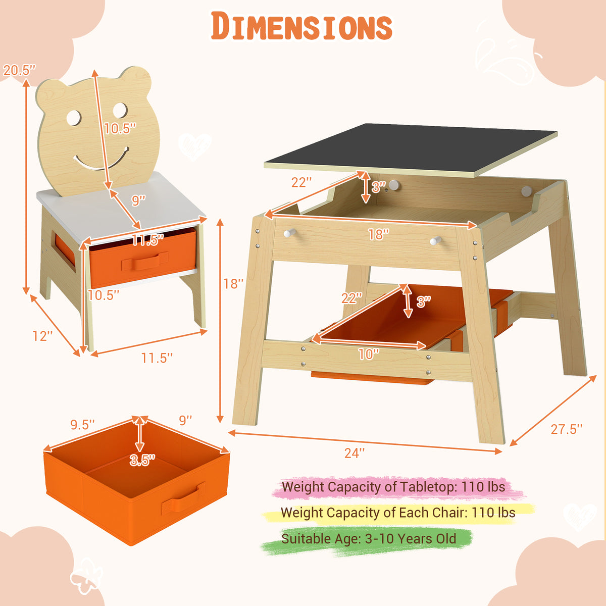 Toddler Table and 2 Chairs 5-in-1 Cute Art Desk Set with Reversible Chalkboard Whiteboard