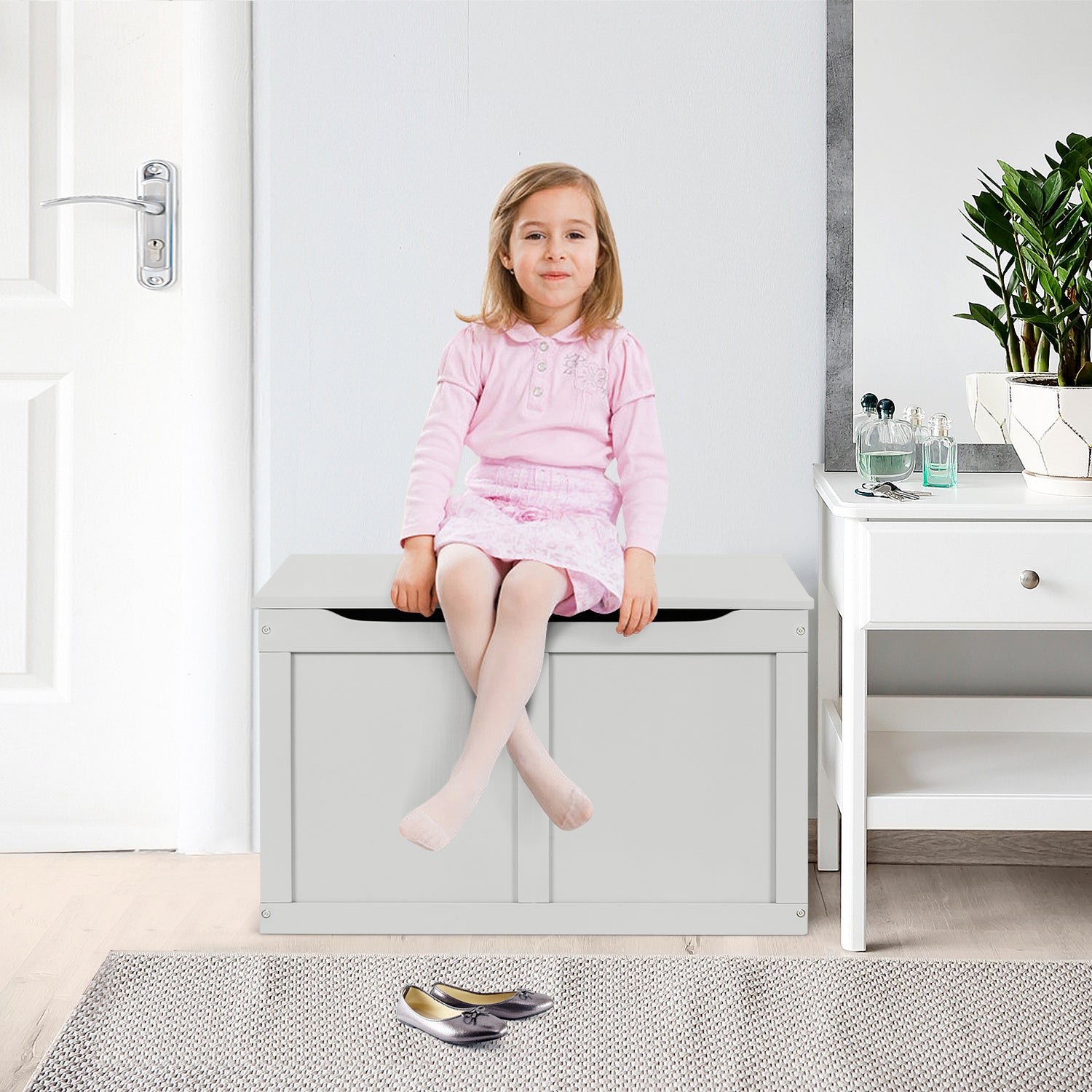 Safety Hinge Wooden Chest Organizer Toy Storage Box-Gray