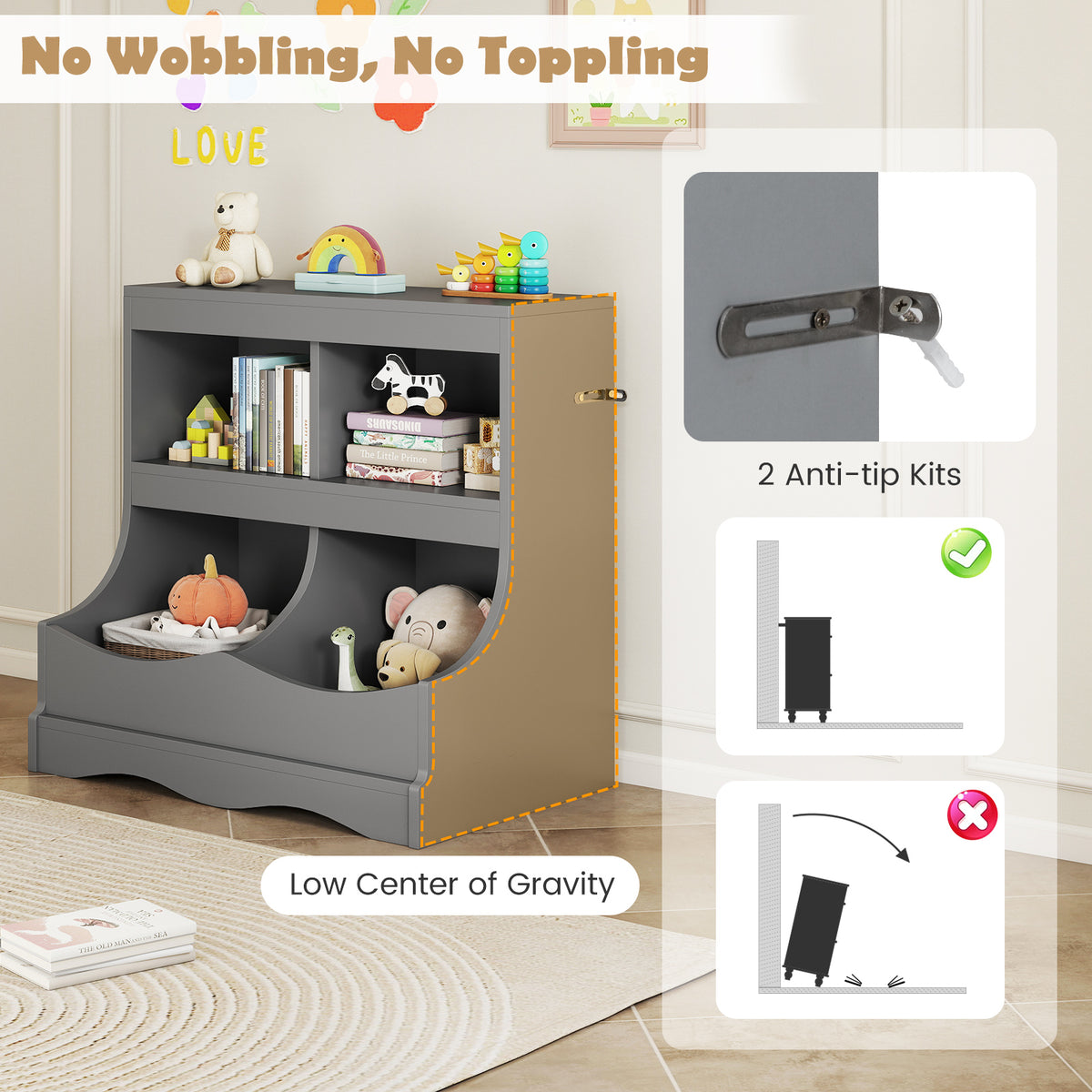 Toy Storage Organizer 4-Cubby Kids Bookcase for Toys and Books