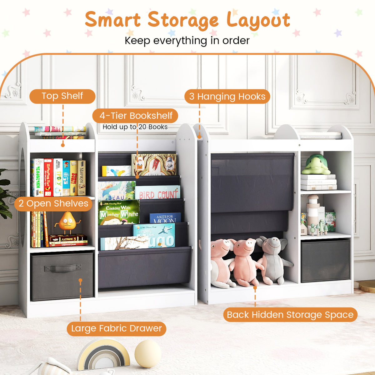 Toy Storage Organizer with 4-Tier Sling Shelves