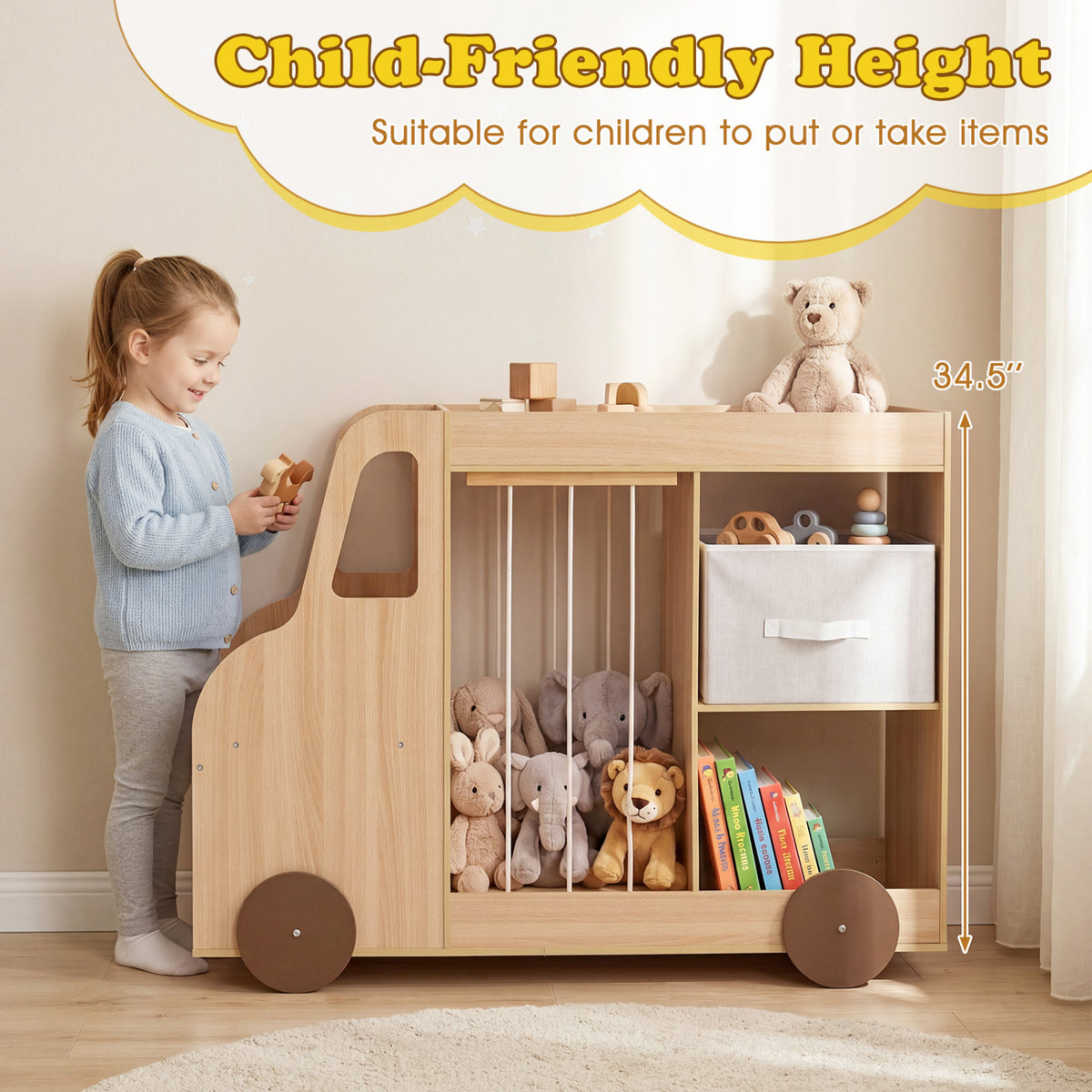 Toy Storage Organizer with Stuffed Animal Storage Fabric Drawer and Universal Wheels