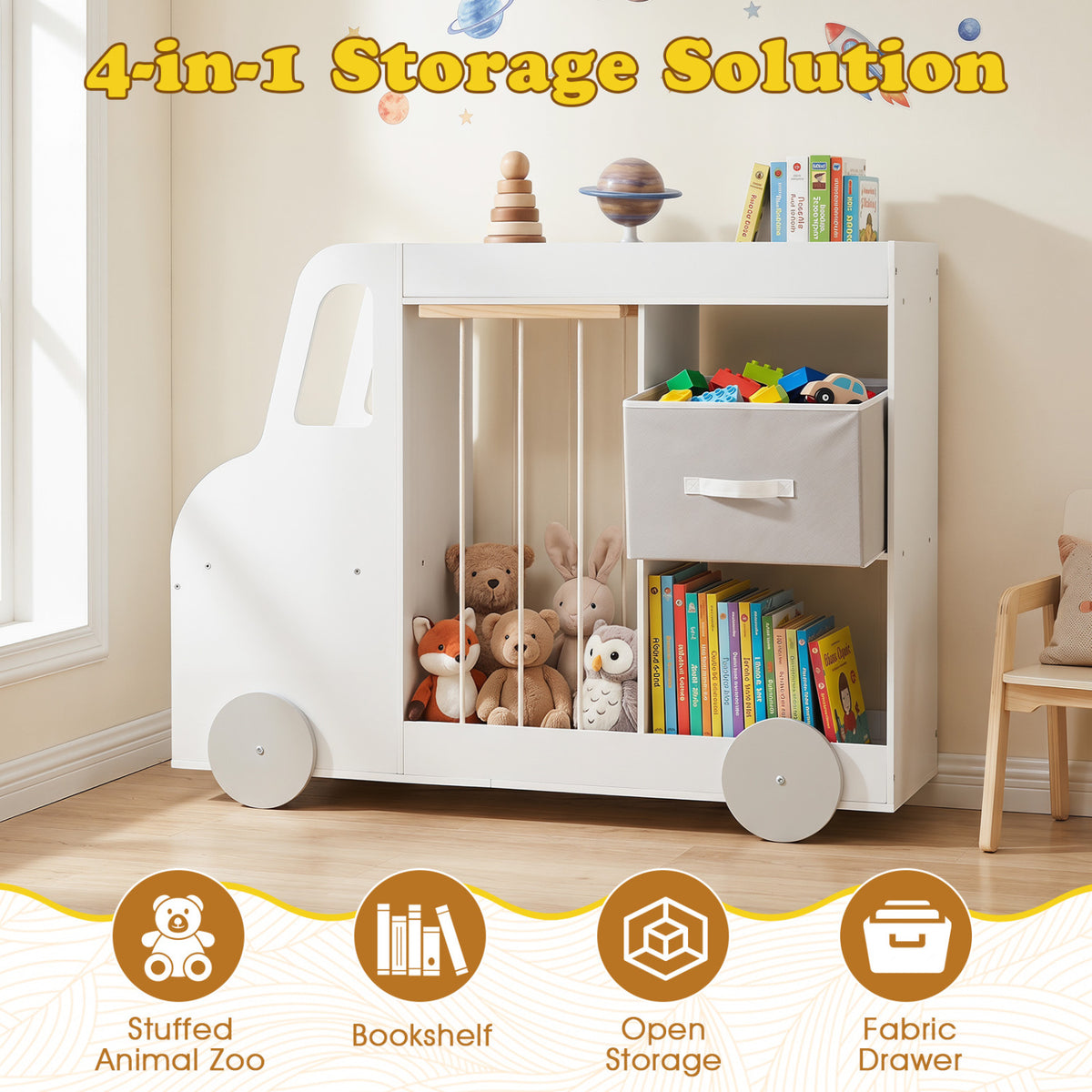 Toy Storage Organizer with Stuffed Animal Storage Fabric Drawer and Universal Wheels