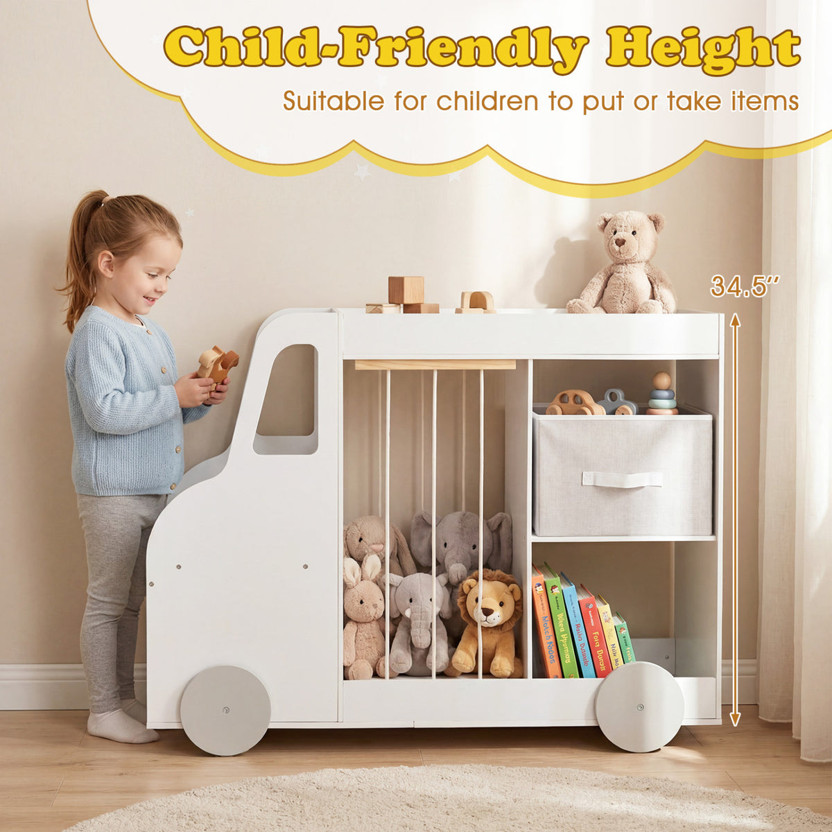 Toy Storage Organizer with Stuffed Animal Storage Fabric Drawer and Universal Wheels