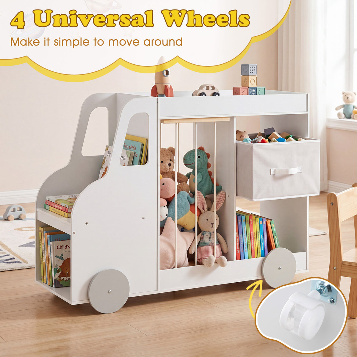 Toy Storage Organizer with Stuffed Animal Storage Fabric Drawer and Universal Wheels