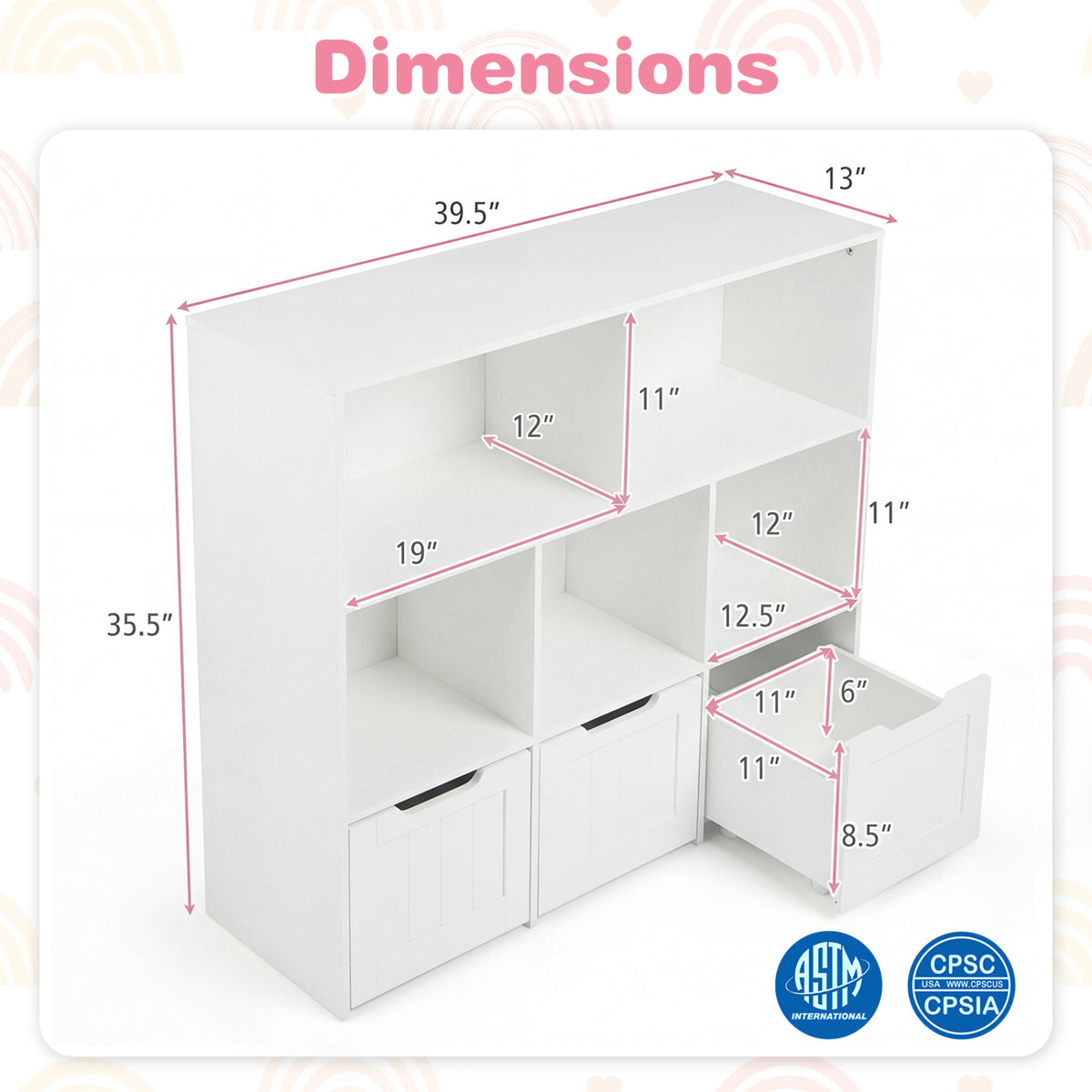 Toy Storage Organizer with 3 Movable Drawers and 5 Open Cubbies for Playroom-White