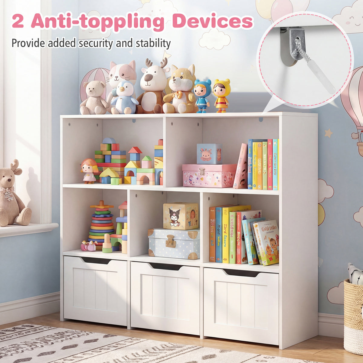 Toy Storage Organizer with 3 Movable Drawers and 5 Open Cubbies for Playroom-White