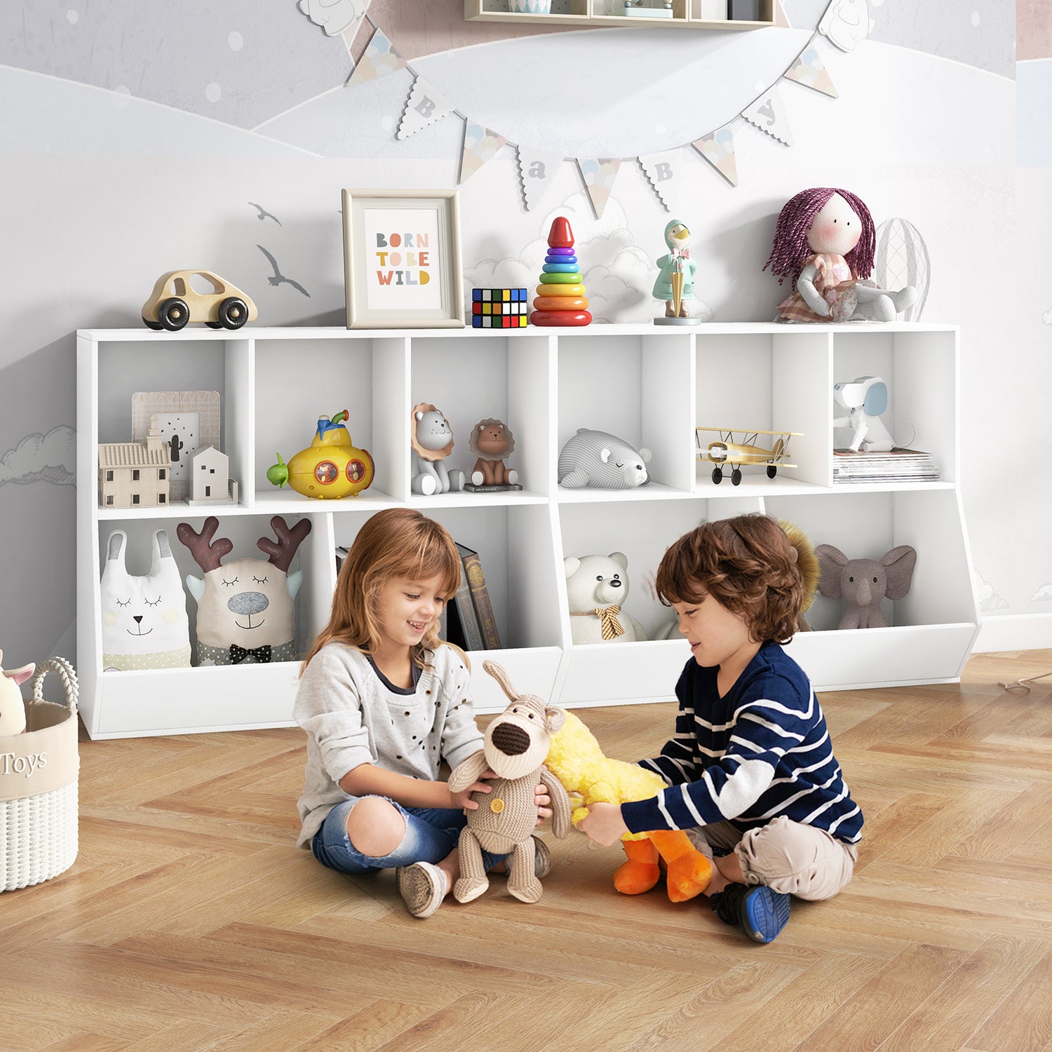 5-Cube Wooden Kids Toy Storage Organizer with Anti-Tipping Kits