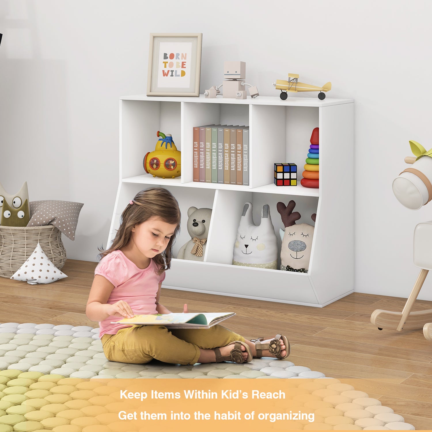 5-Cube Wooden Kids Toy Storage Organizer with Anti-Tipping Kits