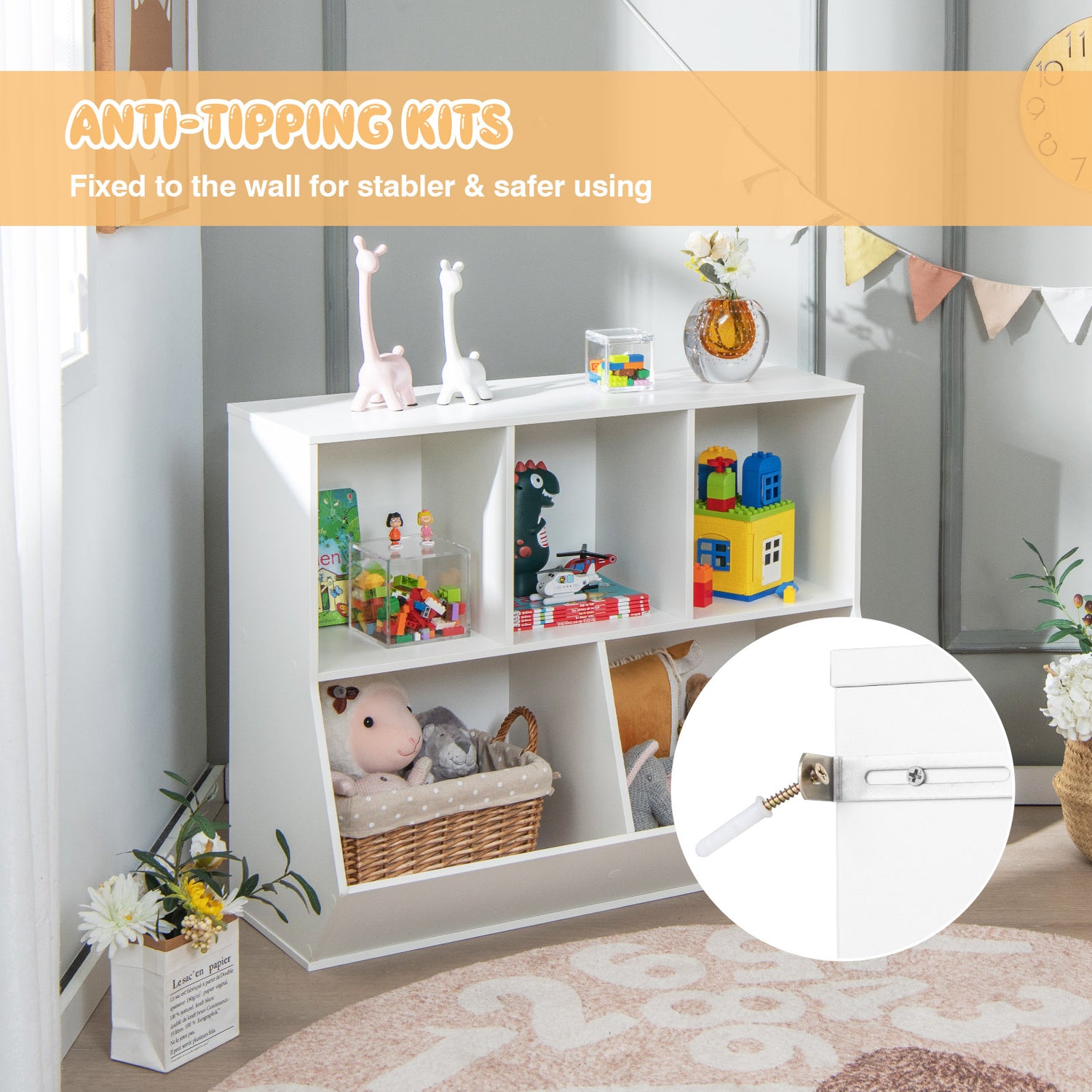 5-Cube Wooden Kids Toy Storage Organizer with Anti-Tipping Kits