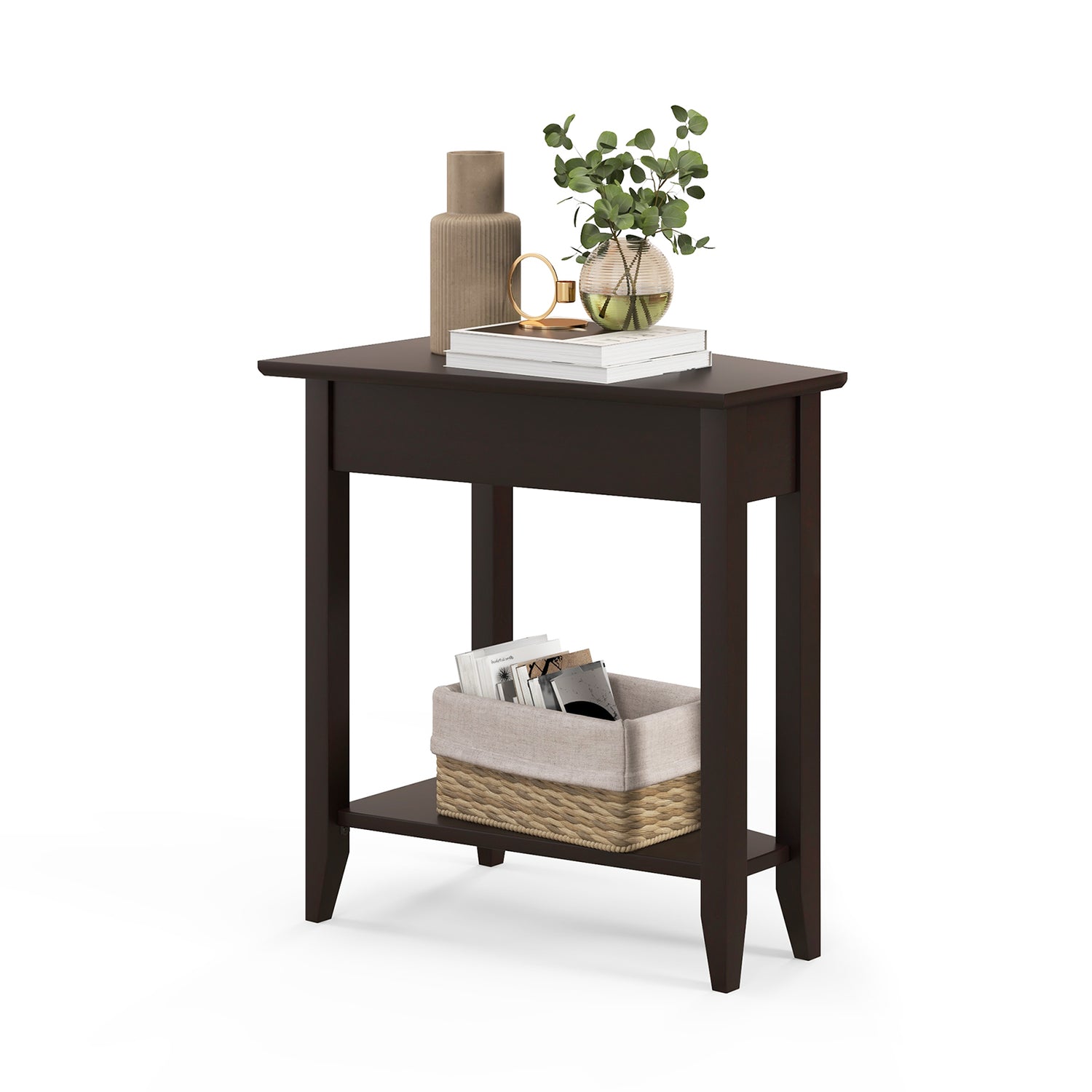 2-Tier Wedge Narrow End Table with Storage Shelf and Solid Wood Legs