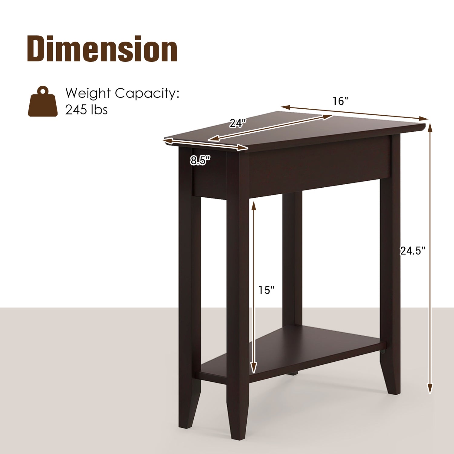 2-Tier Wedge Narrow End Table with Storage Shelf and Solid Wood Legs