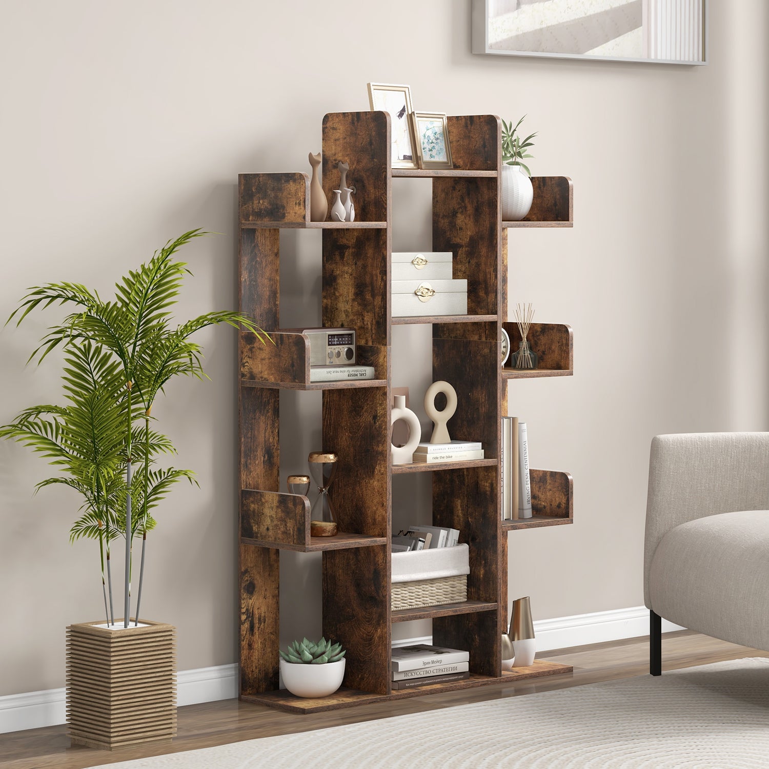 Tree-Shaped Bookshelf with 13 Compartments for Home Office