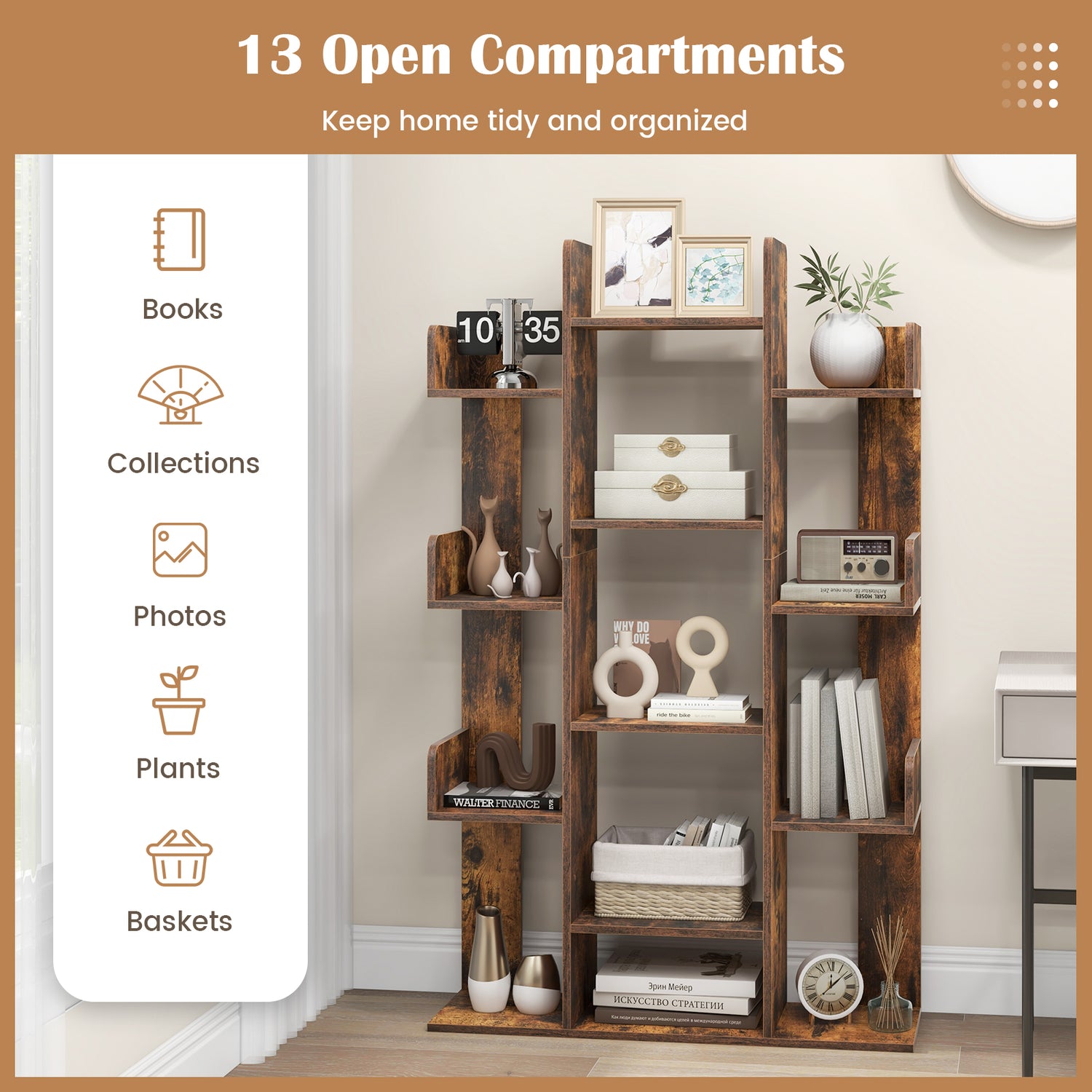 Tree-Shaped Bookshelf with 13 Compartments for Home Office