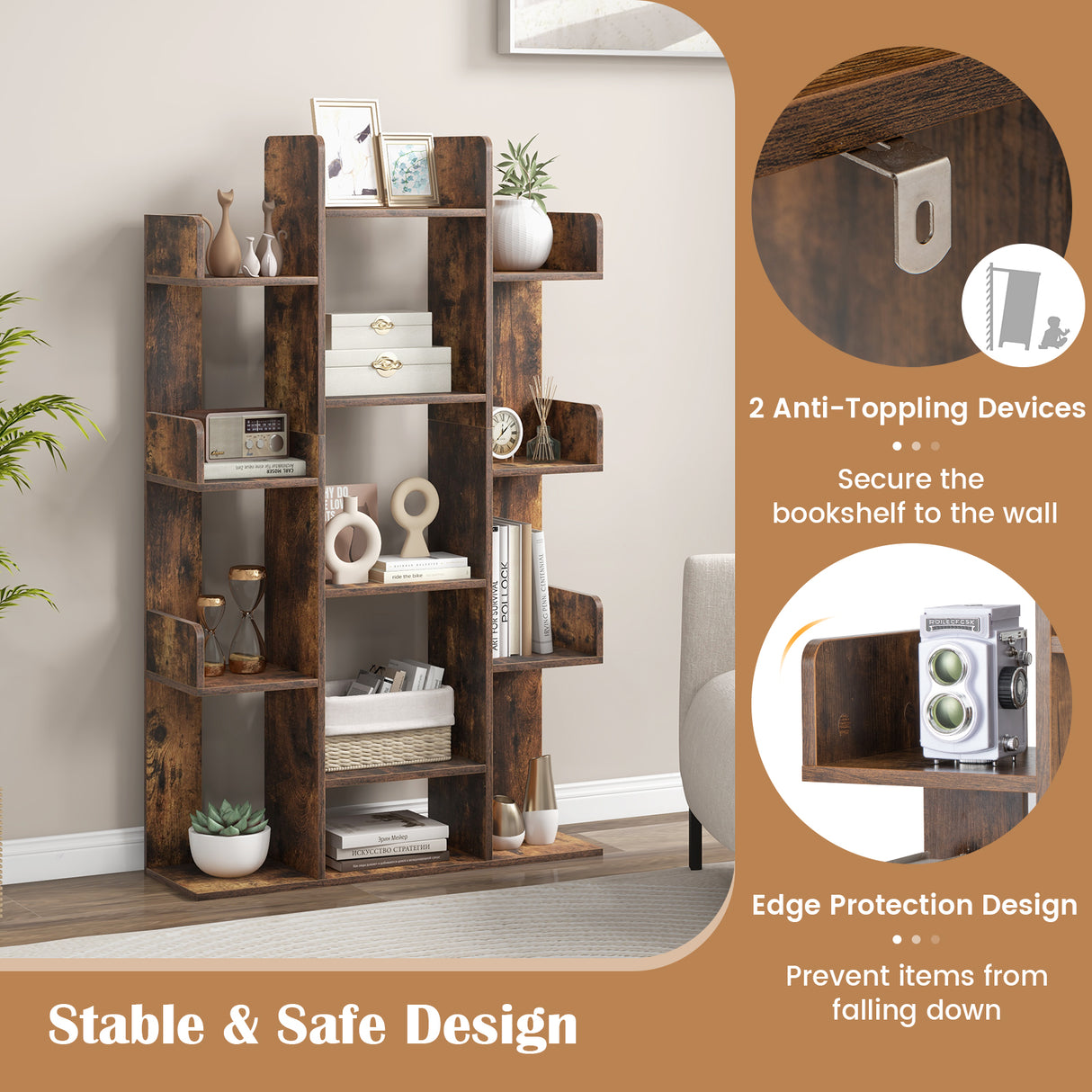 Tree-Shaped Bookshelf with 13 Compartments for Home Office