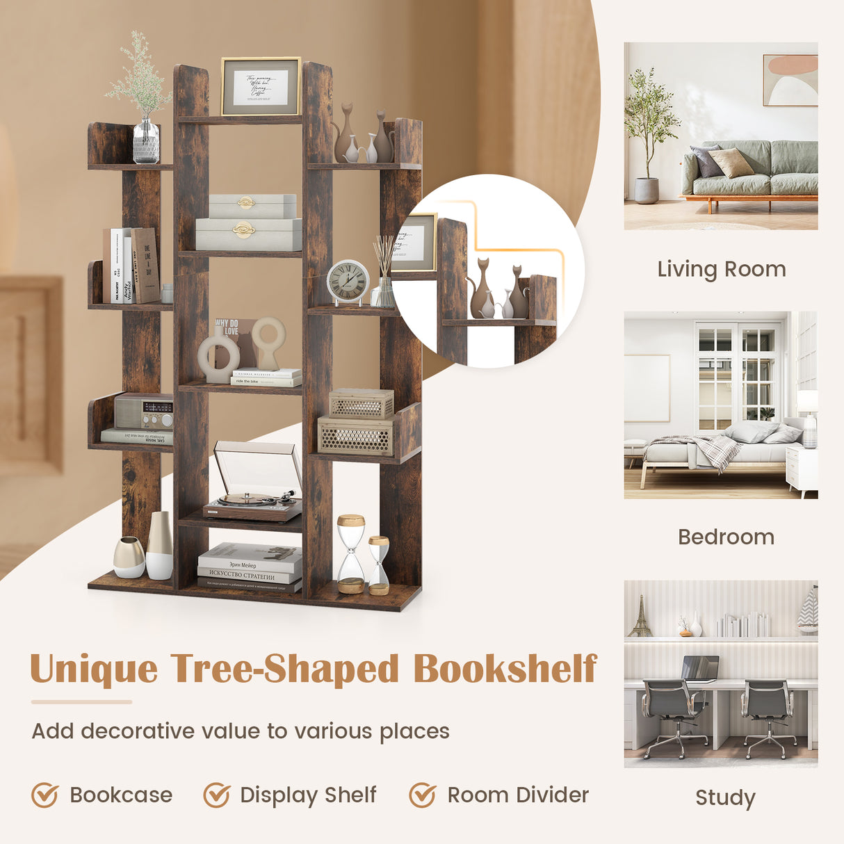 Tree-Shaped Bookshelf with 13 Compartments for Home Office