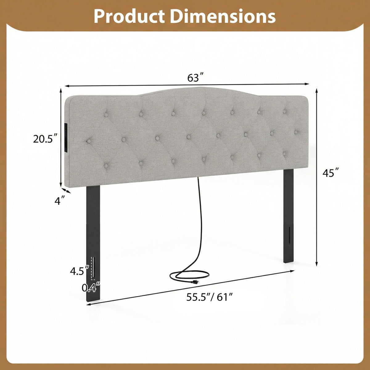 Tufted Upholstered Head Board for Queen and Full Size Bed with 2 AC Outlets