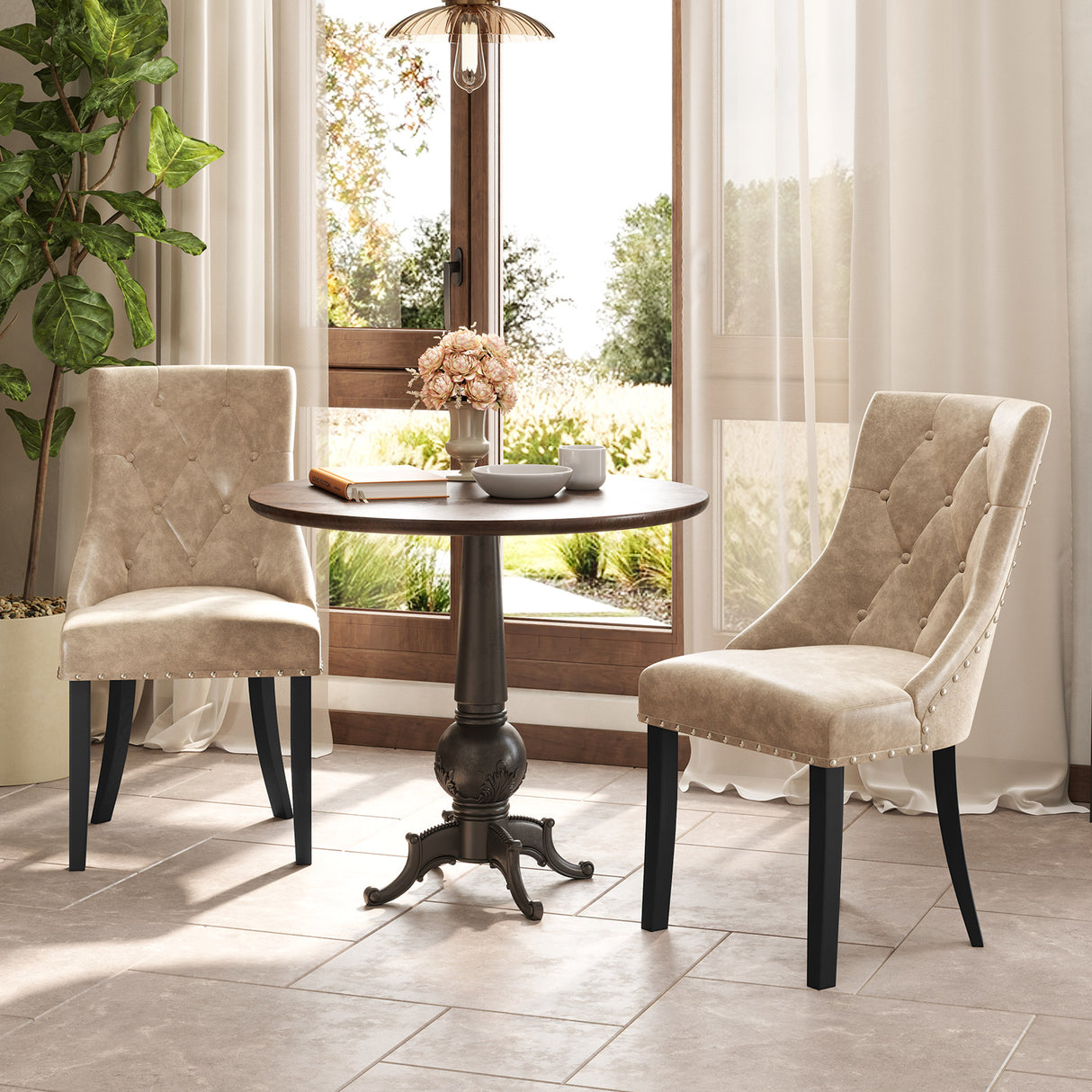 Tufted Wingback Upholstered Dining Chairs Set of 2-Light Brown