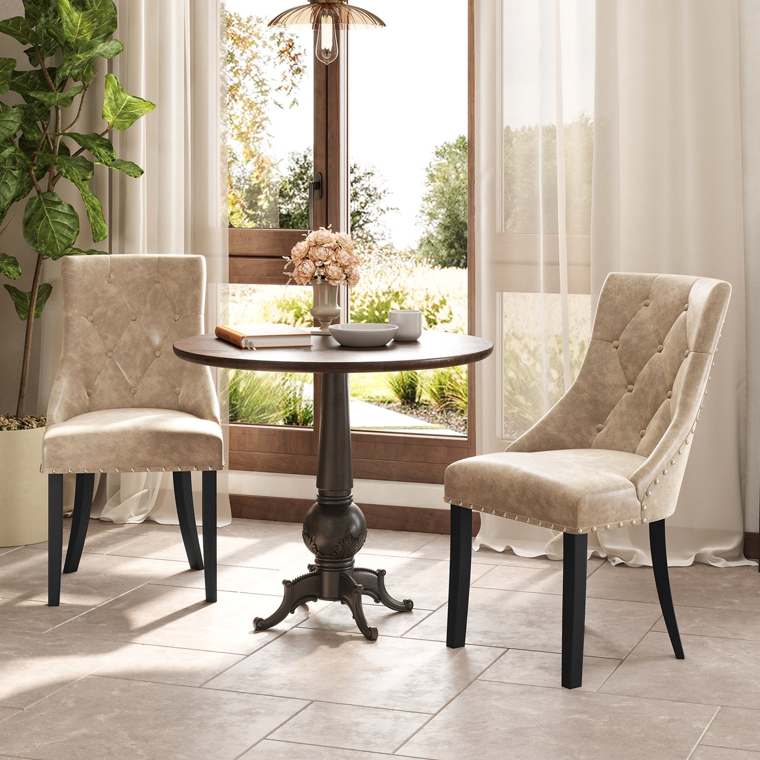 Tufted Wingback Upholstered Dining Chairs Set of 2-Light Brown