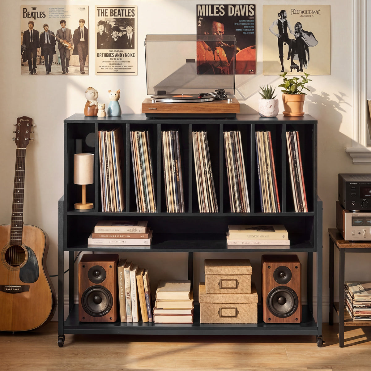 Turntable Stand with Charging Station and Vinyl Storage Shelves