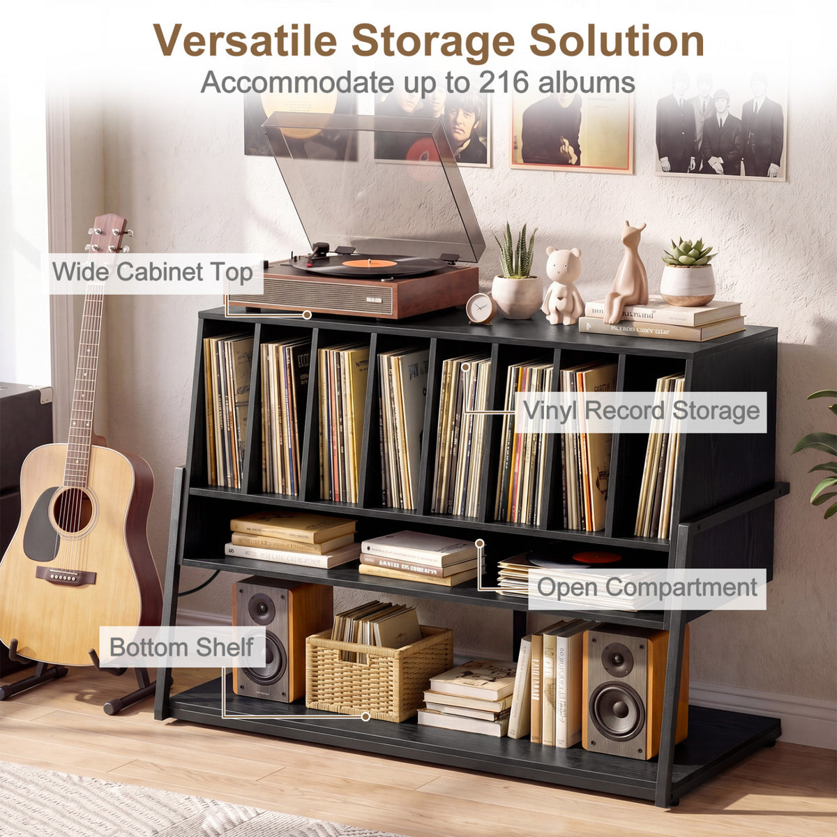 Turntable Stand with Charging Station and Vinyl Storage Shelves