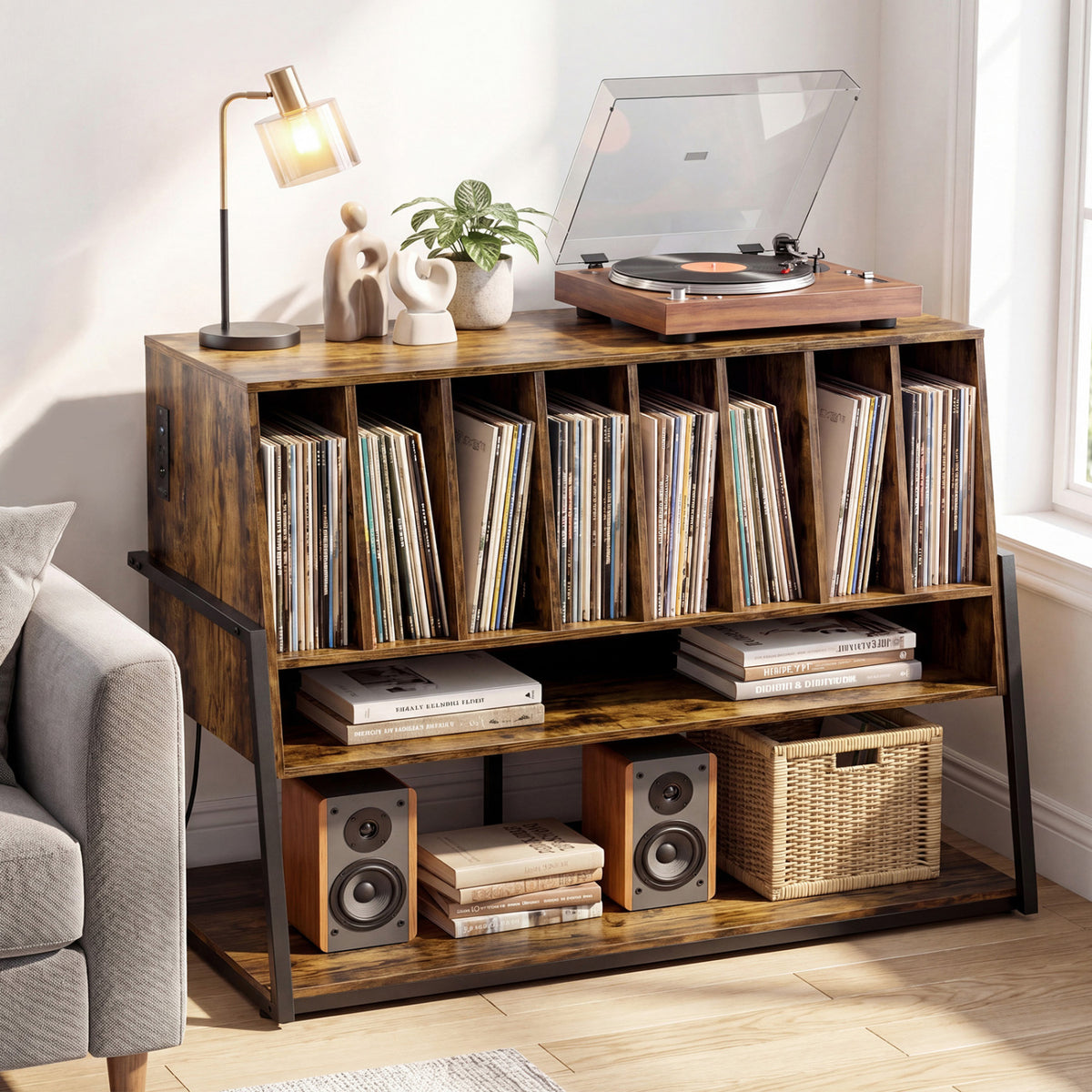 Turntable Stand with Charging Station and Vinyl Storage Shelves