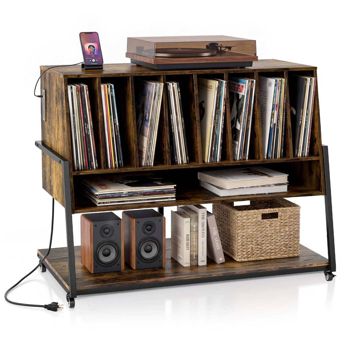 Turntable Stand with Charging Station and Vinyl Storage Shelves