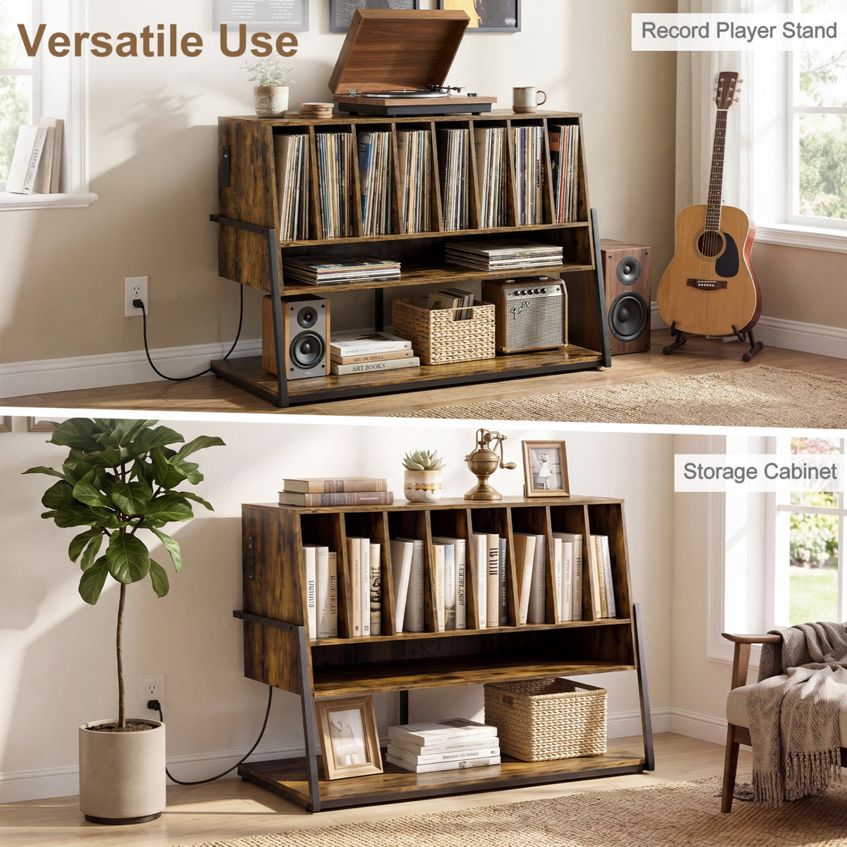Turntable Stand with Charging Station and Vinyl Storage Shelves