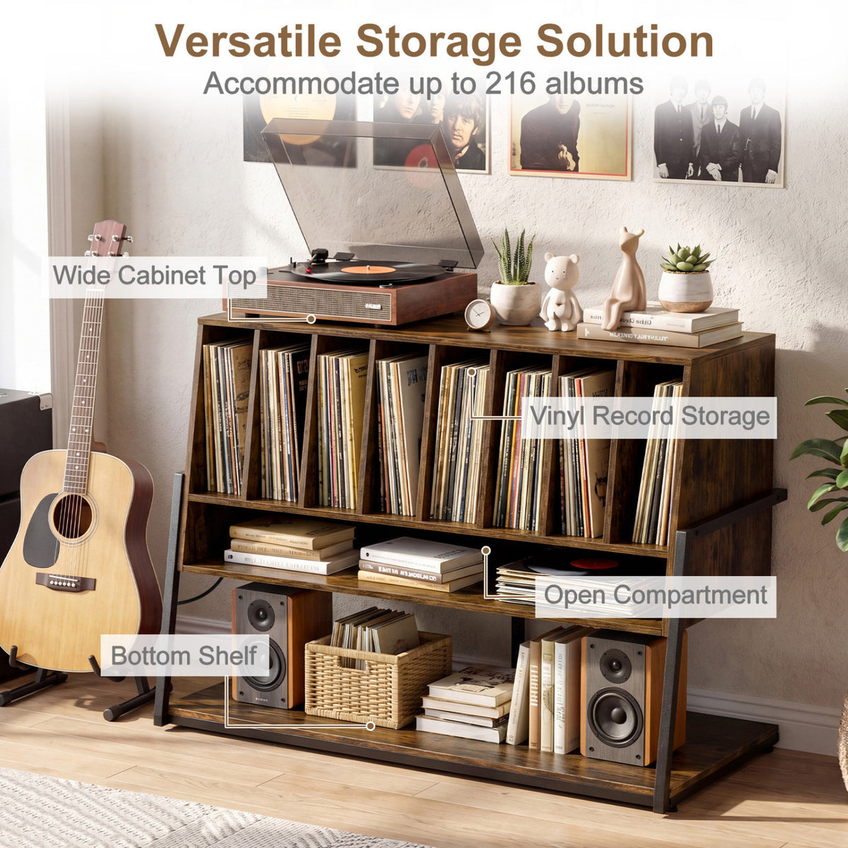 Turntable Stand with Charging Station and Vinyl Storage Shelves