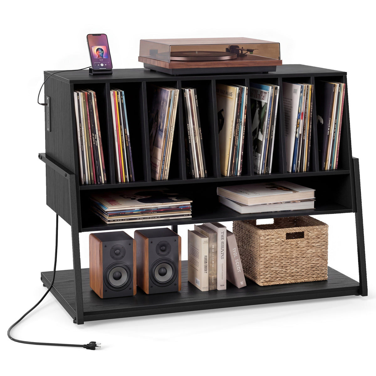 Turntable Stand with Charging Station and Vinyl Storage Shelves