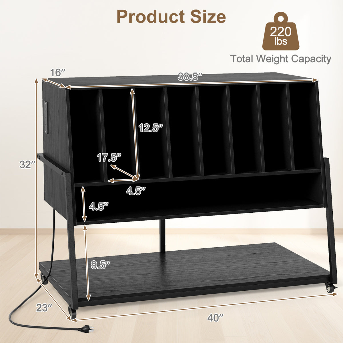 Turntable Stand with Charging Station and Vinyl Storage Shelves