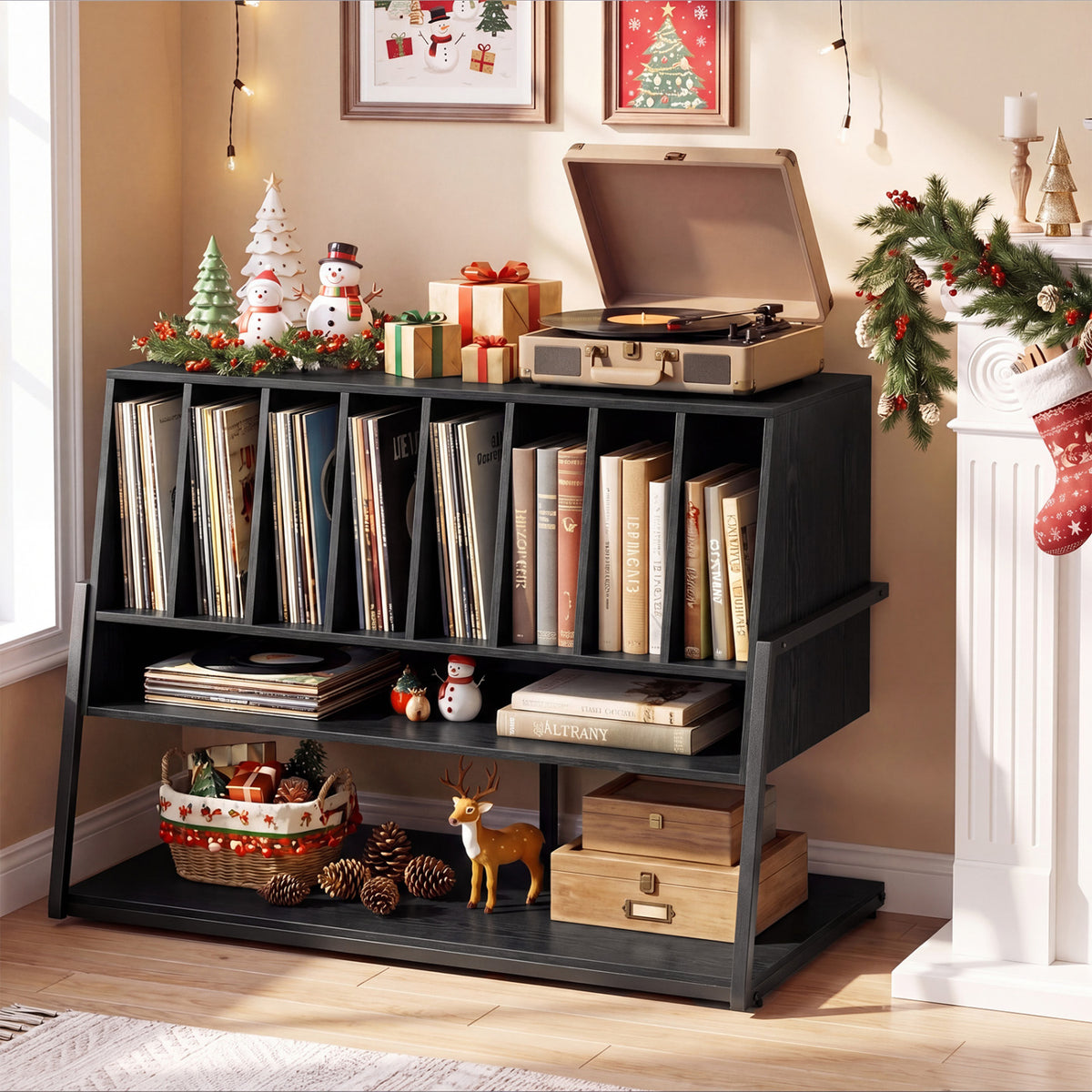 Turntable Stand with Charging Station and Vinyl Storage Shelves