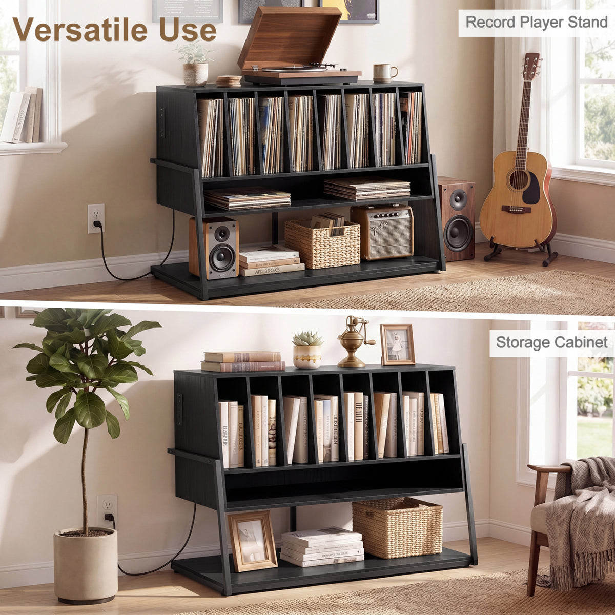 Turntable Stand with Charging Station and Vinyl Storage Shelves