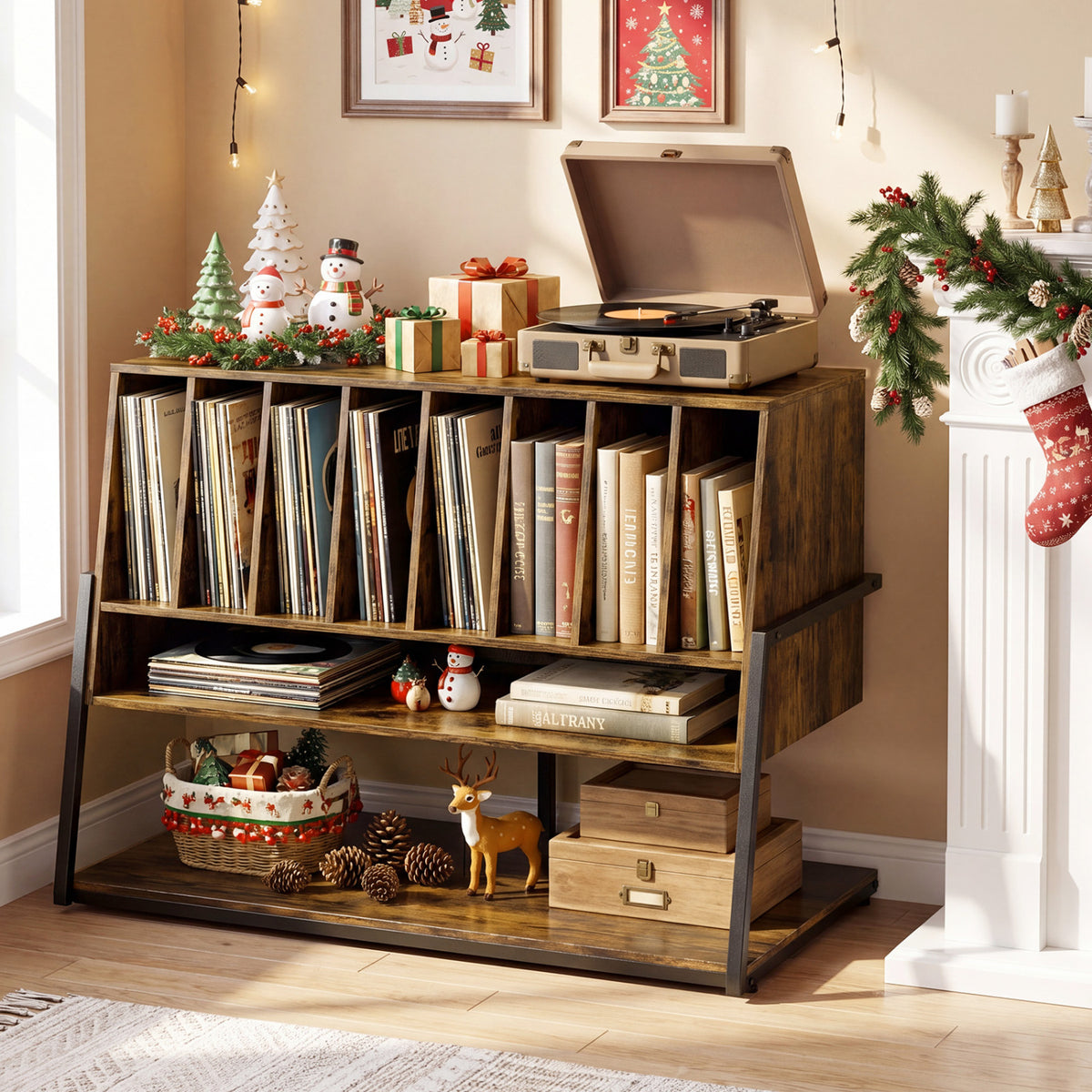 Turntable Stand with Charging Station and Vinyl Storage Shelves