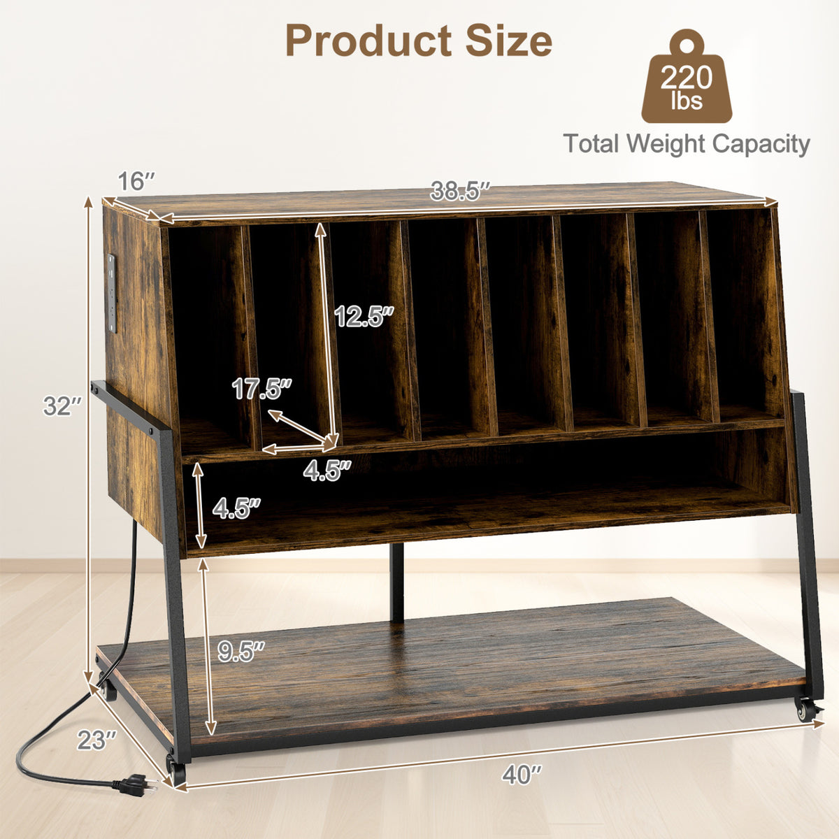 Turntable Stand with Charging Station and Vinyl Storage Shelves