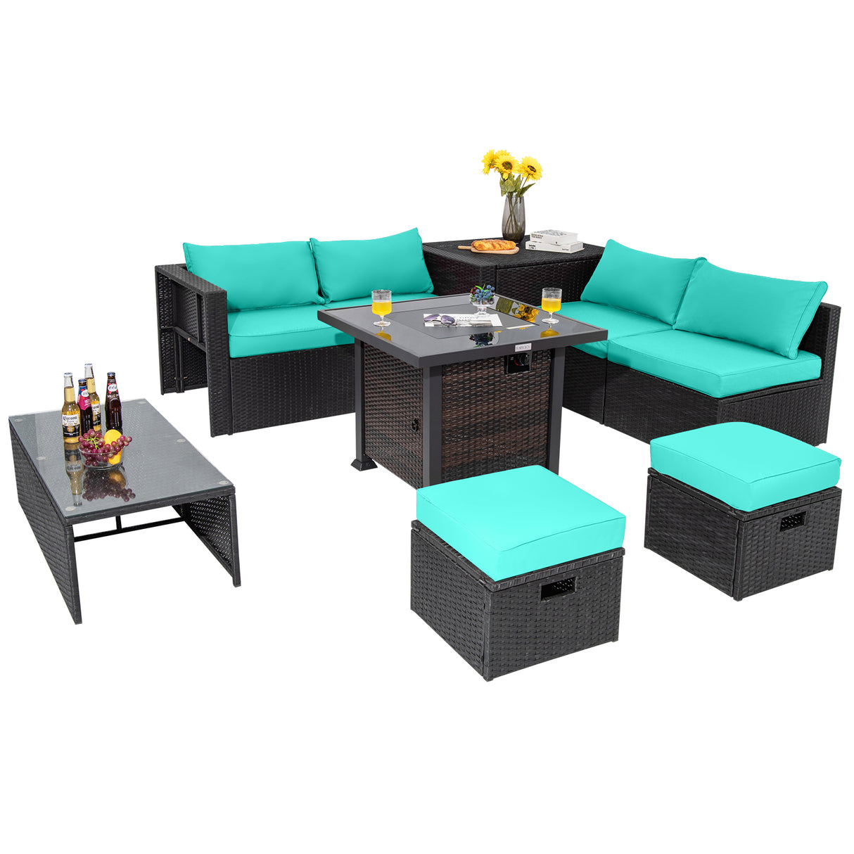 9 Pieces Patio Furniture Set with 32â Fire Pit Table and 50000 BTU Square Propane Fire Pit