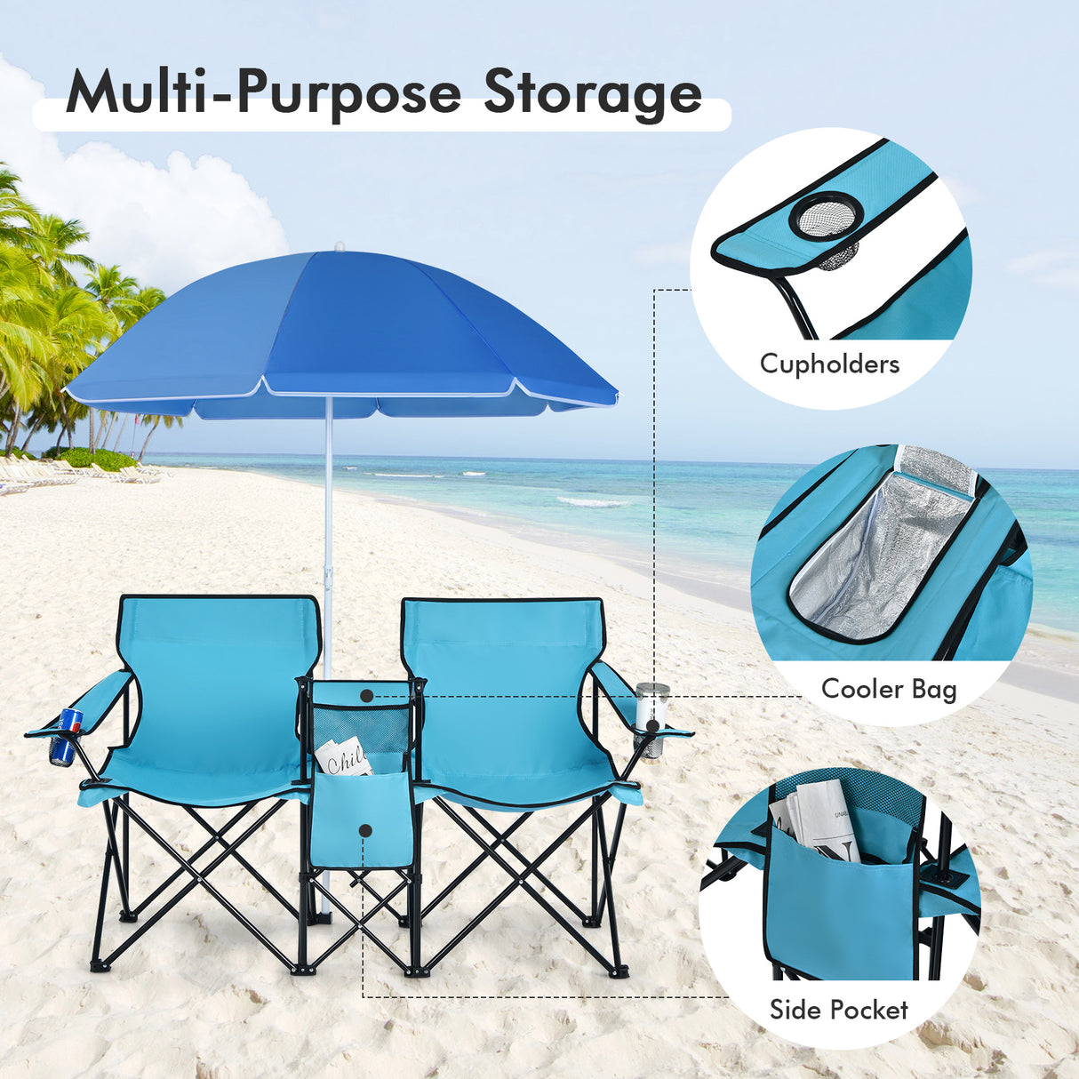 Portable Folding Picnic Double Chair with Umbrella