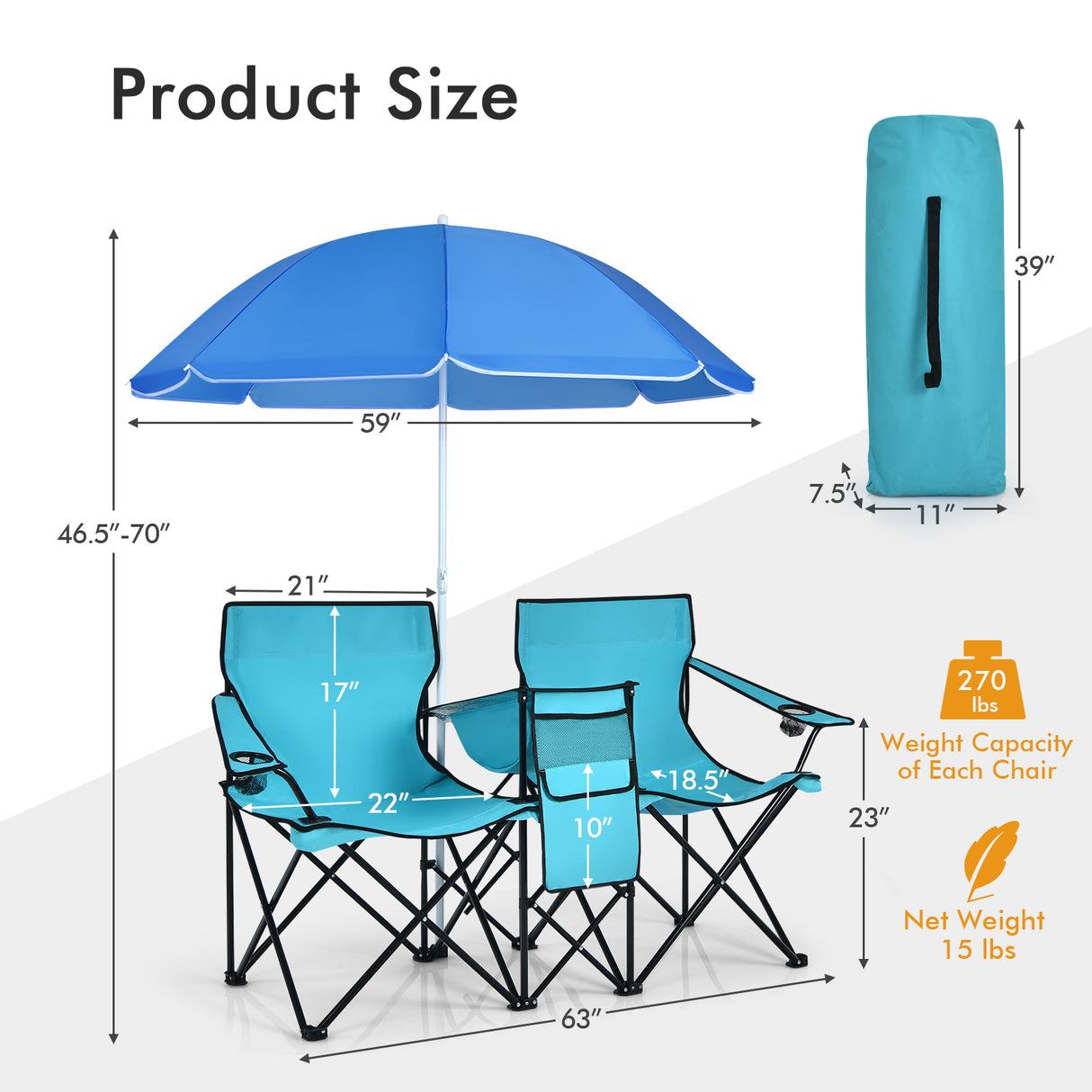 Portable Folding Picnic Double Chair with Umbrella