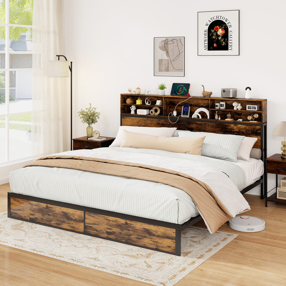 Twin/Full/Queen/King Size Bed Frame with Storage Headboard Industrial Metal Platform Bed